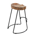 30 Inch Handcrafted Backless Counter Height Barstool, Natural Brown Mango Wood Saddle Seat, Black Iron Base Black Brown Metal & Wood