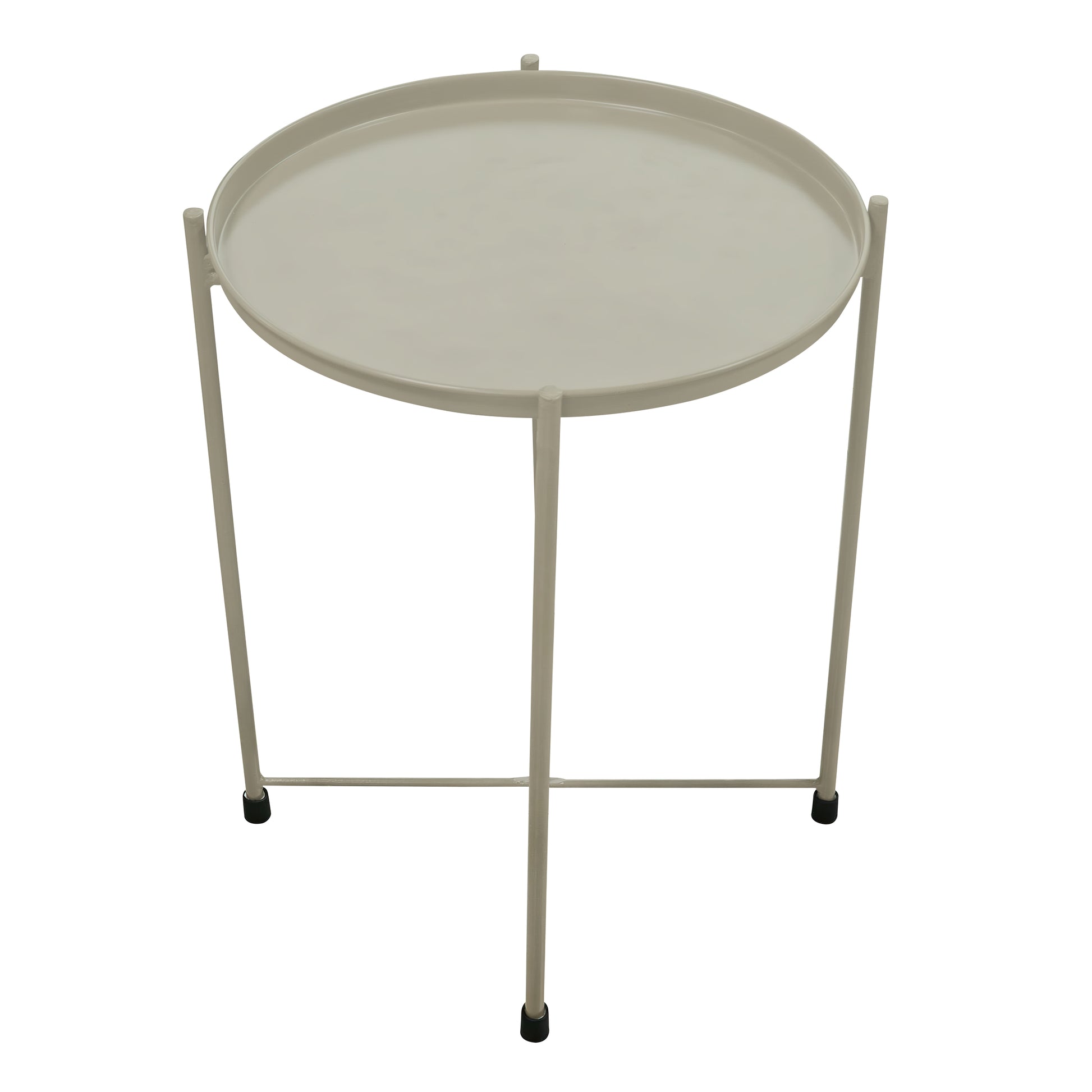 18 Inch Modern Side End Table, Round Metal Tray Top, Foldable Legs, Beige Beige Iron