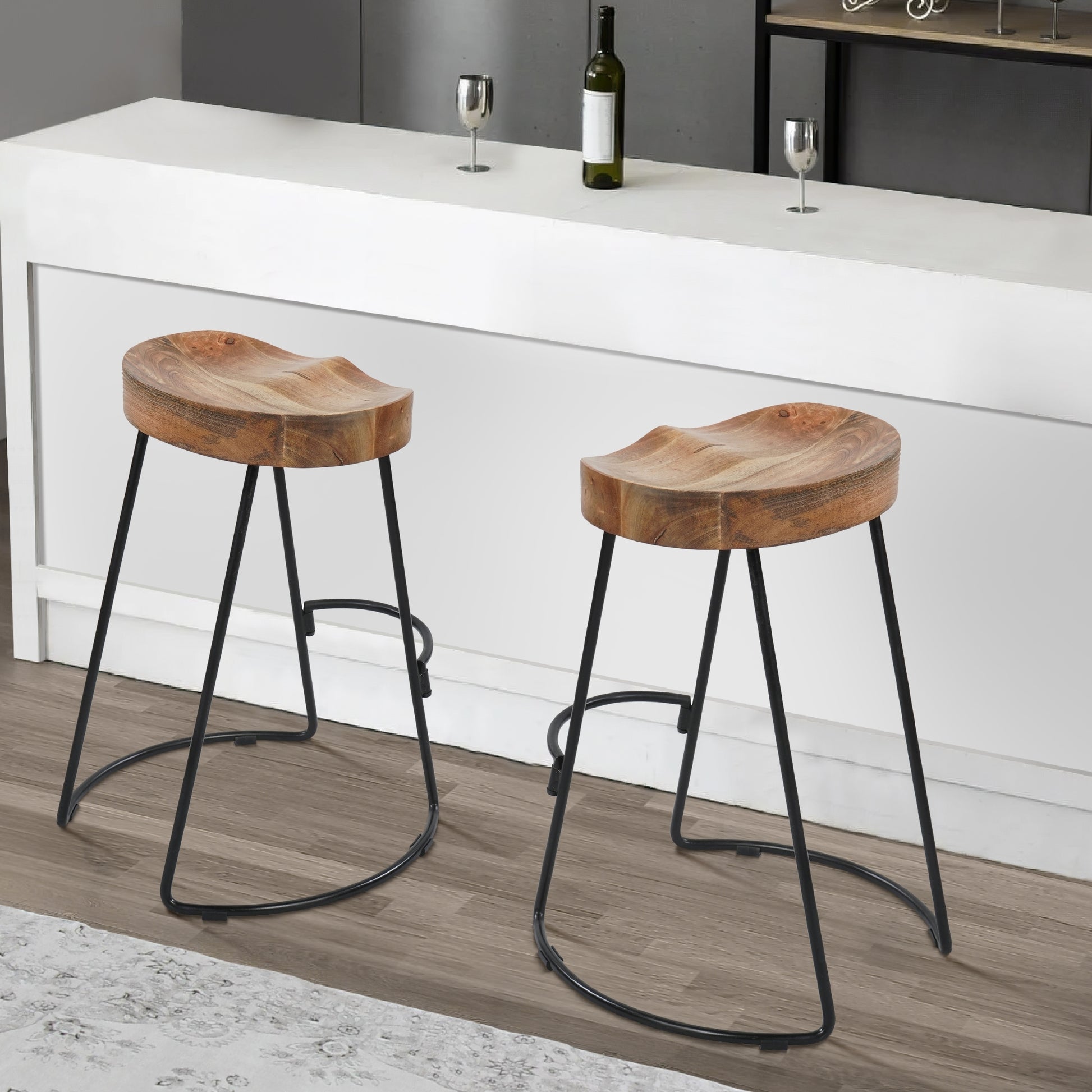 Ela 24 Inch Counter Height Stool, Mango Wood Saddle Seat, Iron Frame, Brown And Black Black Brown Metal & Wood