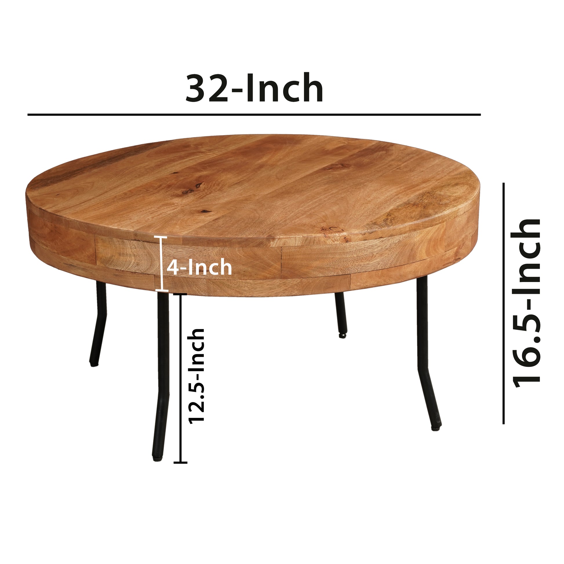 32 Inch Coffee Table, Handcrafted Mango Wood Round Top, Black Metal Angled Legs Black Brown Metal & Wood