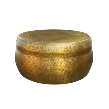 32 Inch Artisanal Round Drum Coffee Table, Hammered Embossed Texturing, Aluminum, Antique Brass Antique Brass Metal