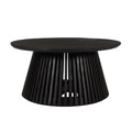Ridge 32 Inch Handcrafted Round Coffee Table, Mango Wood, Slatted Flared Base, Black Black Solid Wood