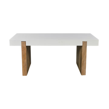 Kerry 38 Inch Mango Wood Coffee Table, Rectangular, Sled Base, Glossy White, Natural Brown Brown White Wood