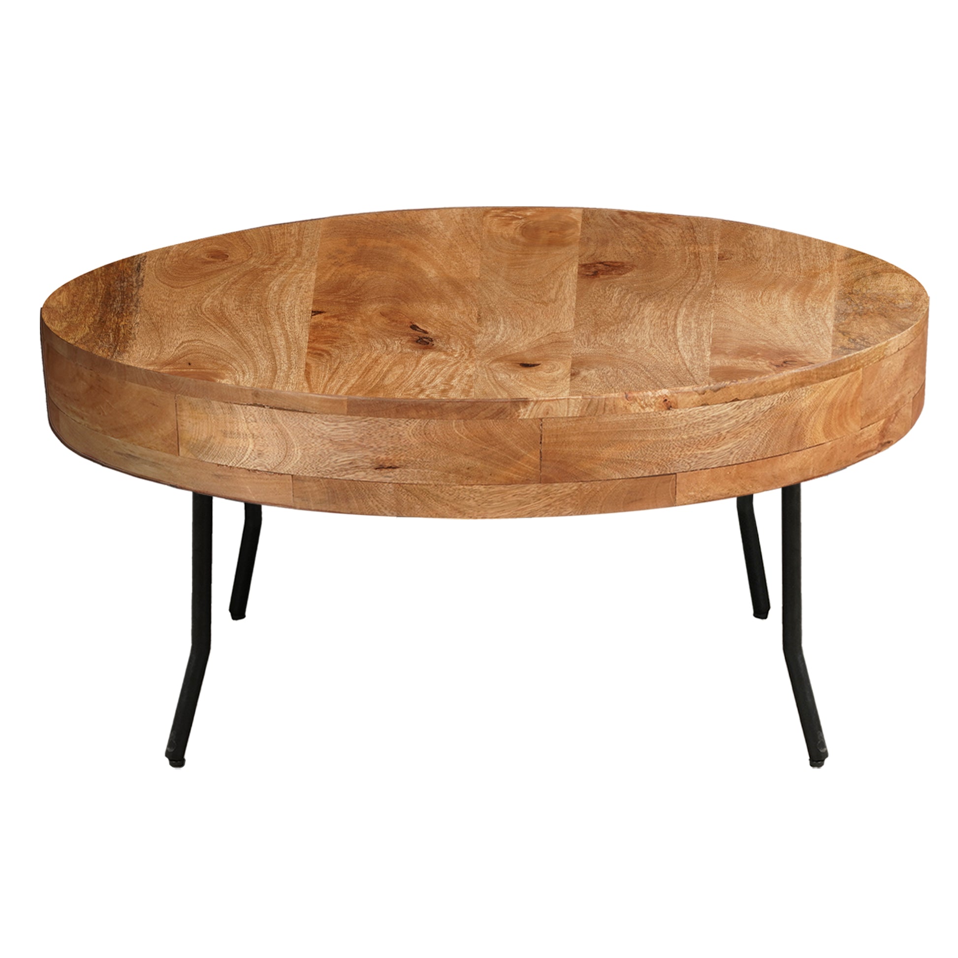 32 Inch Coffee Table, Handcrafted Mango Wood Round Top, Black Metal Angled Legs Black Brown Metal & Wood