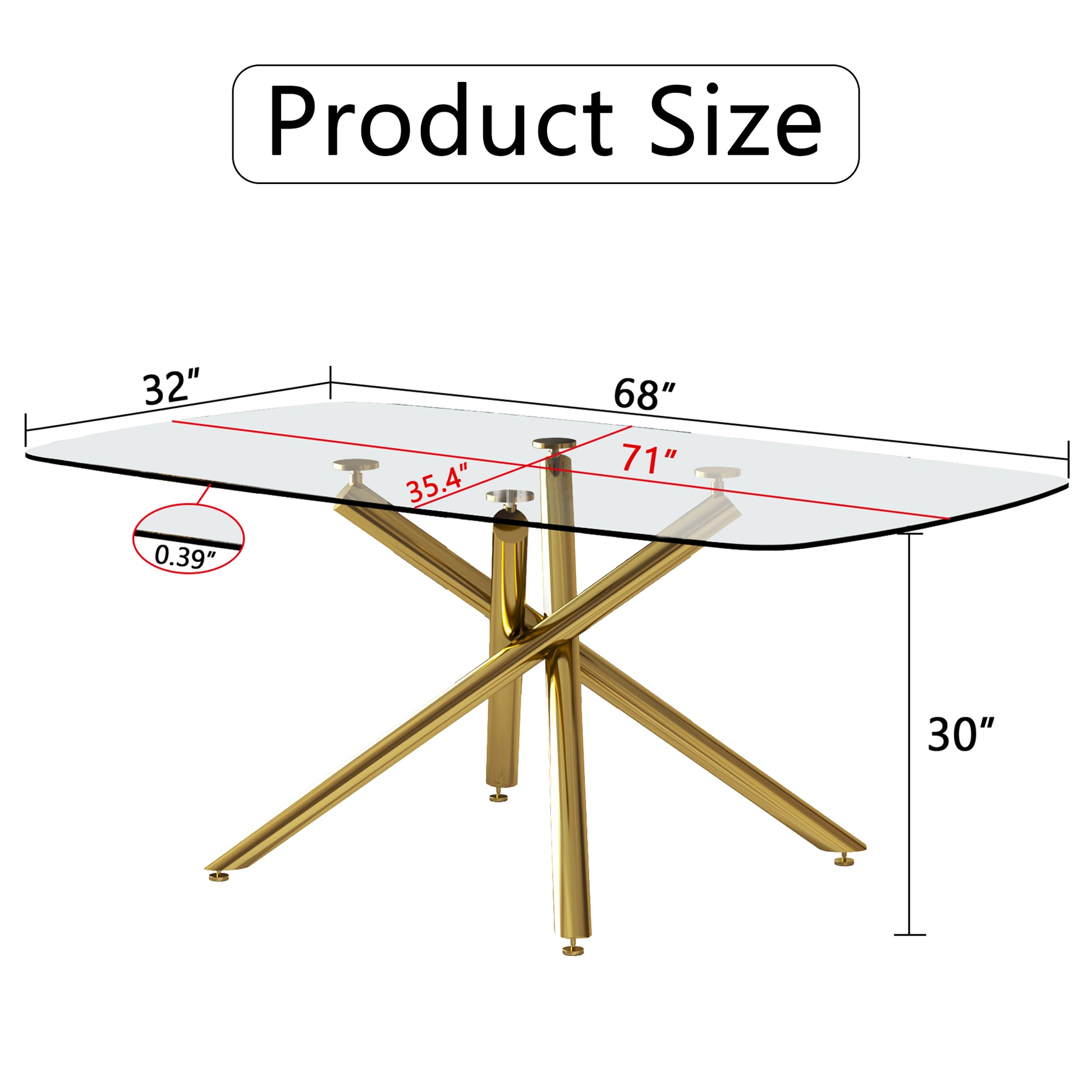 Large Modern Minimalist Rectangular Glass Dining Table With 0.39" Tempered Glass Top And Gilded Metal Legs For Kitchen, Dining Room, Living Room, Meeting Room, Ballroom 71" X 35.4" X 30". Golden Metal