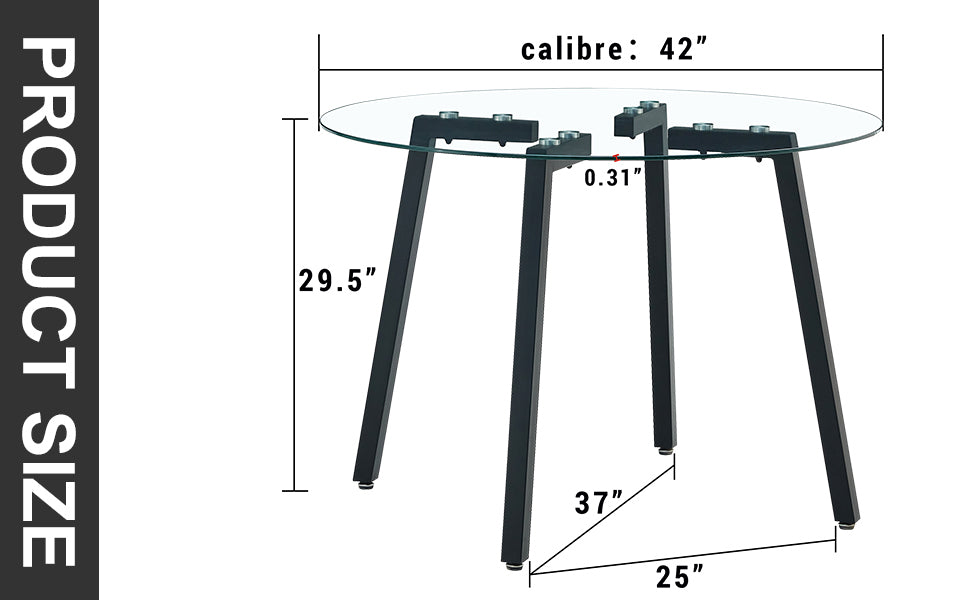 Modern Simple Style Round Transparent Tempered Glass Table, Tempered Glass Table Top, Black Metal Legs, Suitable For Kitchen, Dining Room And Living Room, 42 "*42" *29.5 "1123R Transparent Glass