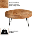 32 Inch Coffee Table, Handcrafted Mango Wood Round Top, Black Metal Angled Legs Black Brown Metal & Wood