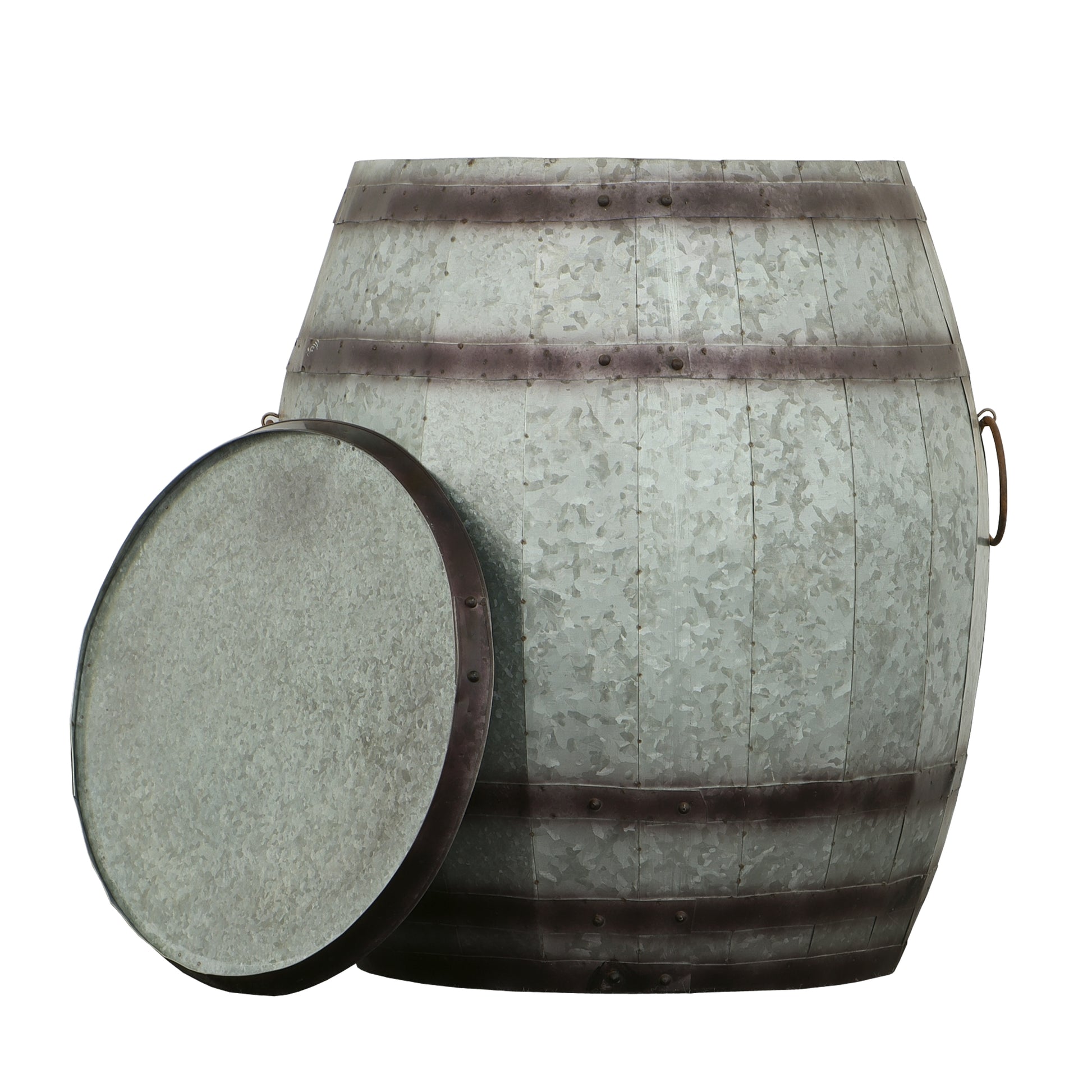 Drum Shape Metal Wine Storage Table With Removable Lid, Rustic Brown And Gray Brown Gray Metal