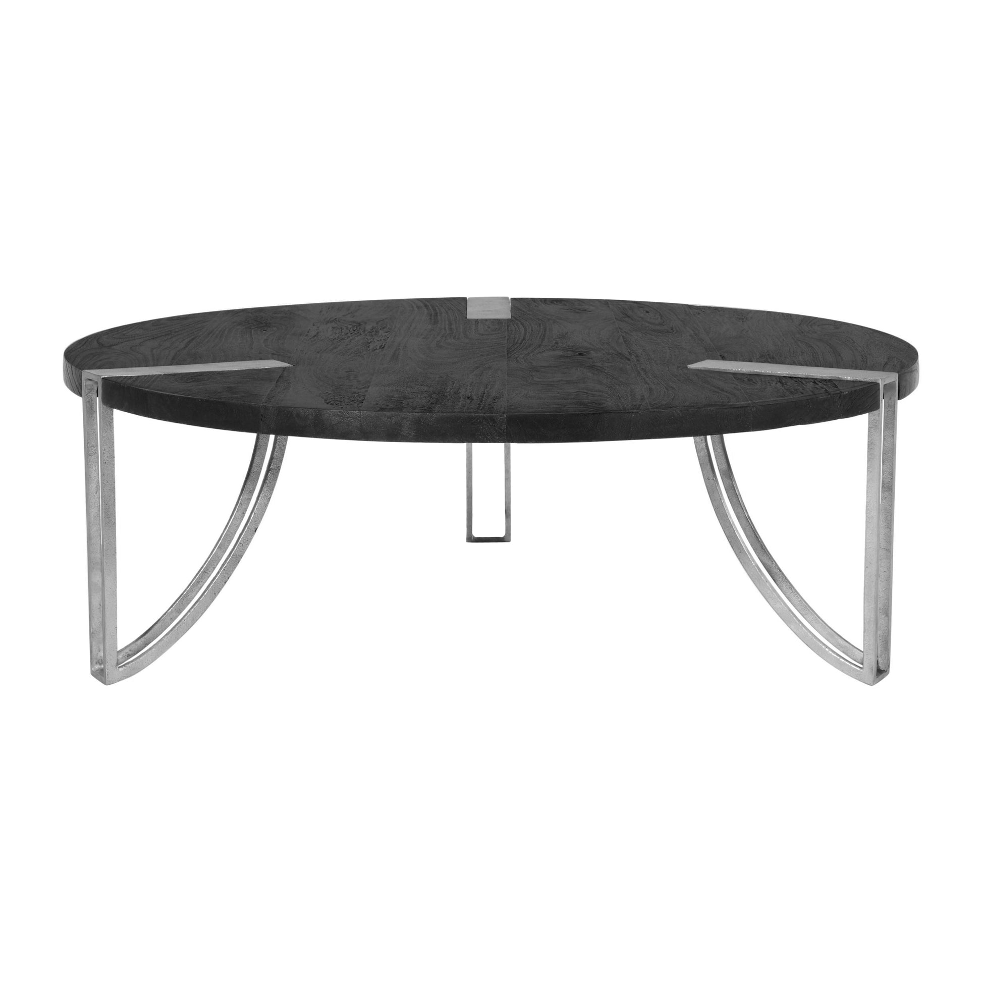 35 Inch Round Coffee Table, Sandblasted Matte Black Mango Wood Top, Curved Aluminium Legs, Antique Silver Antique Silver Metal & Wood