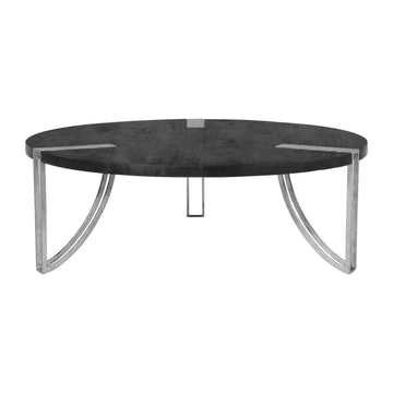 35 Inch Round Coffee Table, Sandblasted Matte Black Mango Wood Top, Curved Aluminium Legs, Antique Silver Antique Silver Metal & Wood