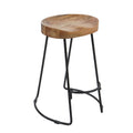 24 Inch Handcrafted Backless Barstool, Natural Brown Mango Wood Thick Saddle Seat, Black Iron Base Black Brown Metal & Wood