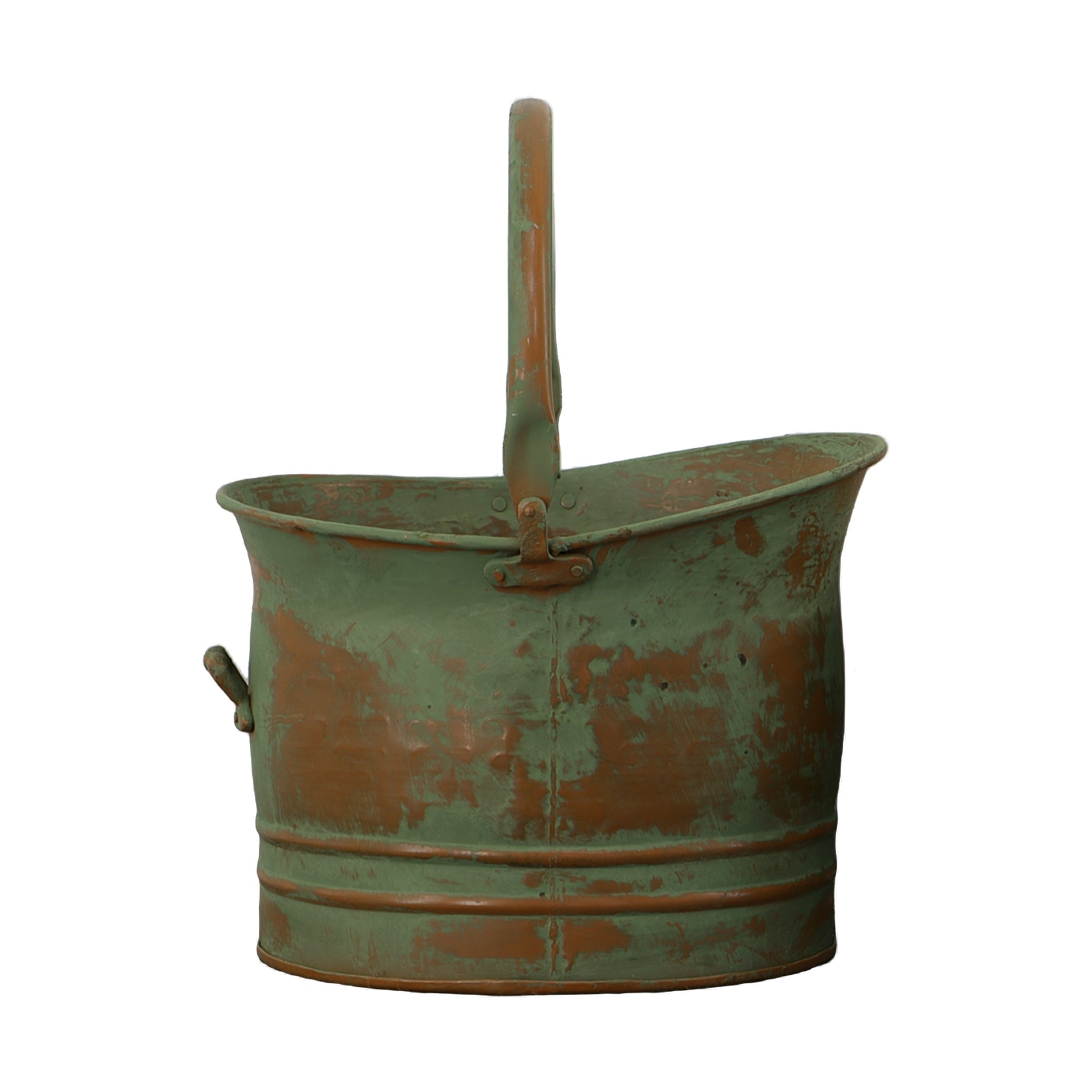 Tinged Metal Bucket Planter With Handles, Patina Rust Finish, Green, Set Of 3 Green Metal