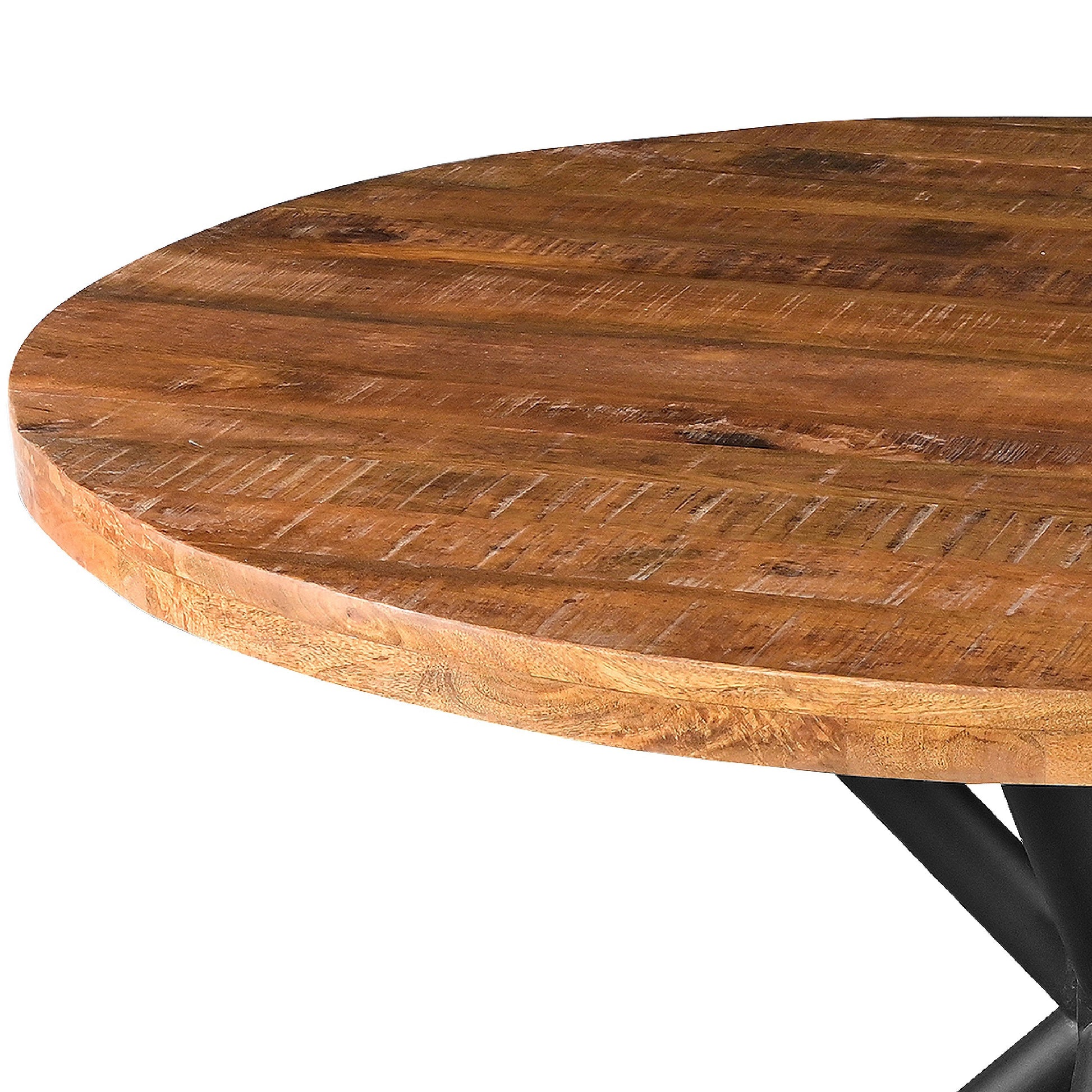 48 Inch Handcrafted Dining Table, Solid Mango Wood Round Top With Iron Crisscrossed Legs, Natural Brown And Black Black Brown Metal & Wood