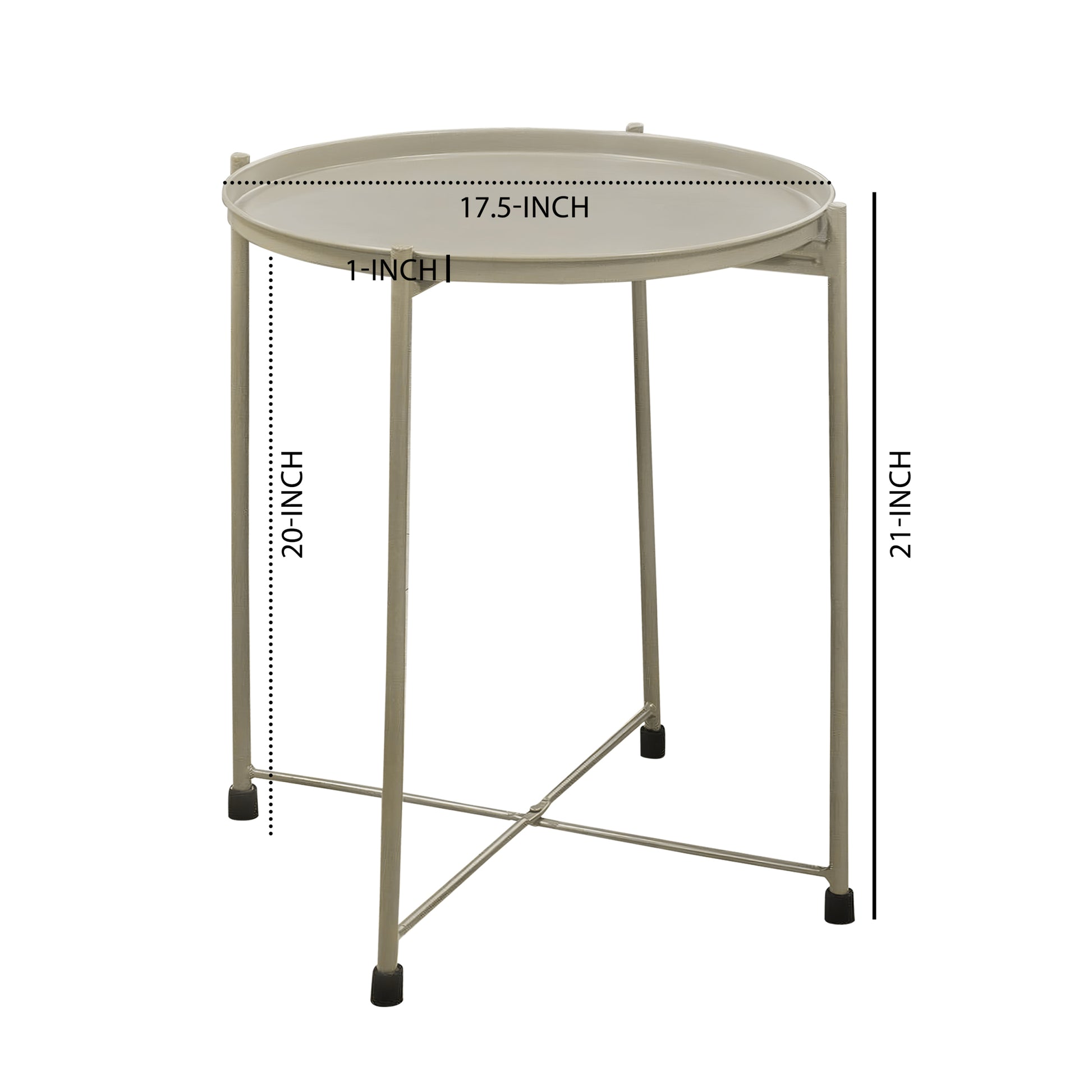 18 Inch Modern Side End Table, Round Metal Tray Top, Foldable Legs, Beige Beige Iron