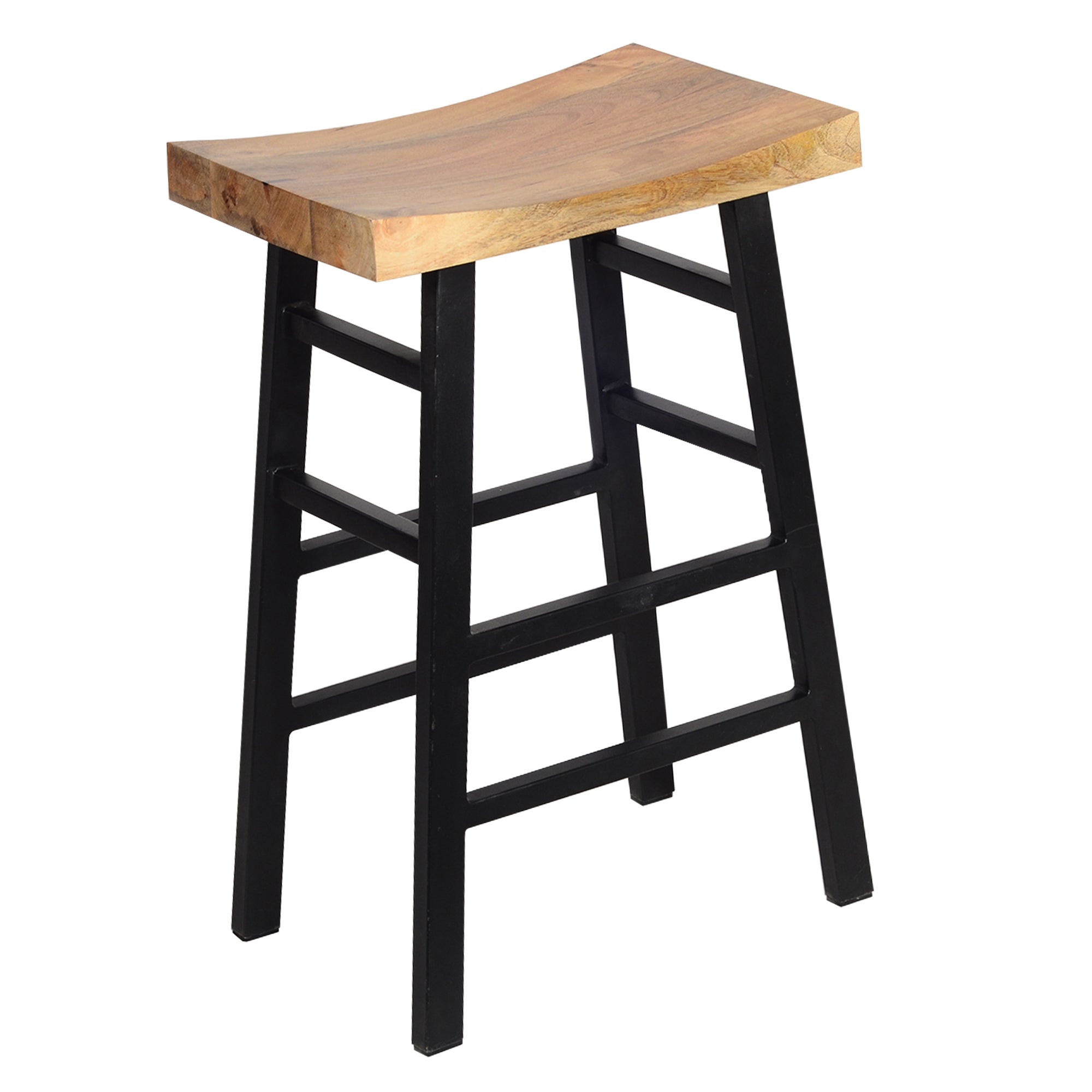 30 Inch Barstool With Saddle Style Wood Seat, Ladder Base, Brown And Black Black Metal & Wood