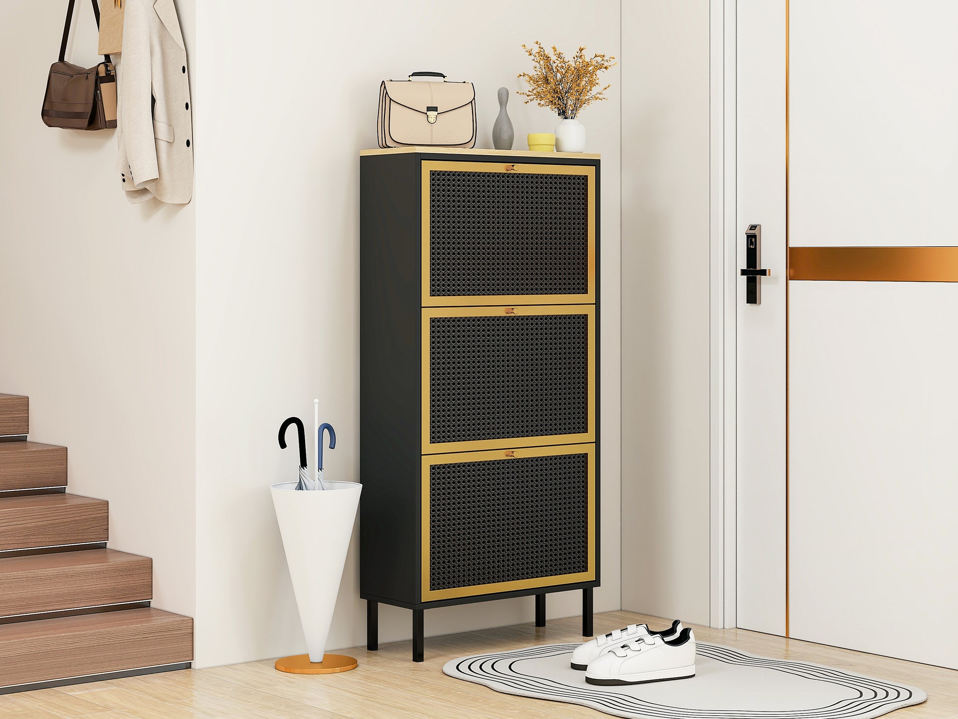 3 Metal Door Shoe Rack, Freestanding Modern Shoe Storage Cabinet, Metal Rattan, For Entryway Black Particle Board