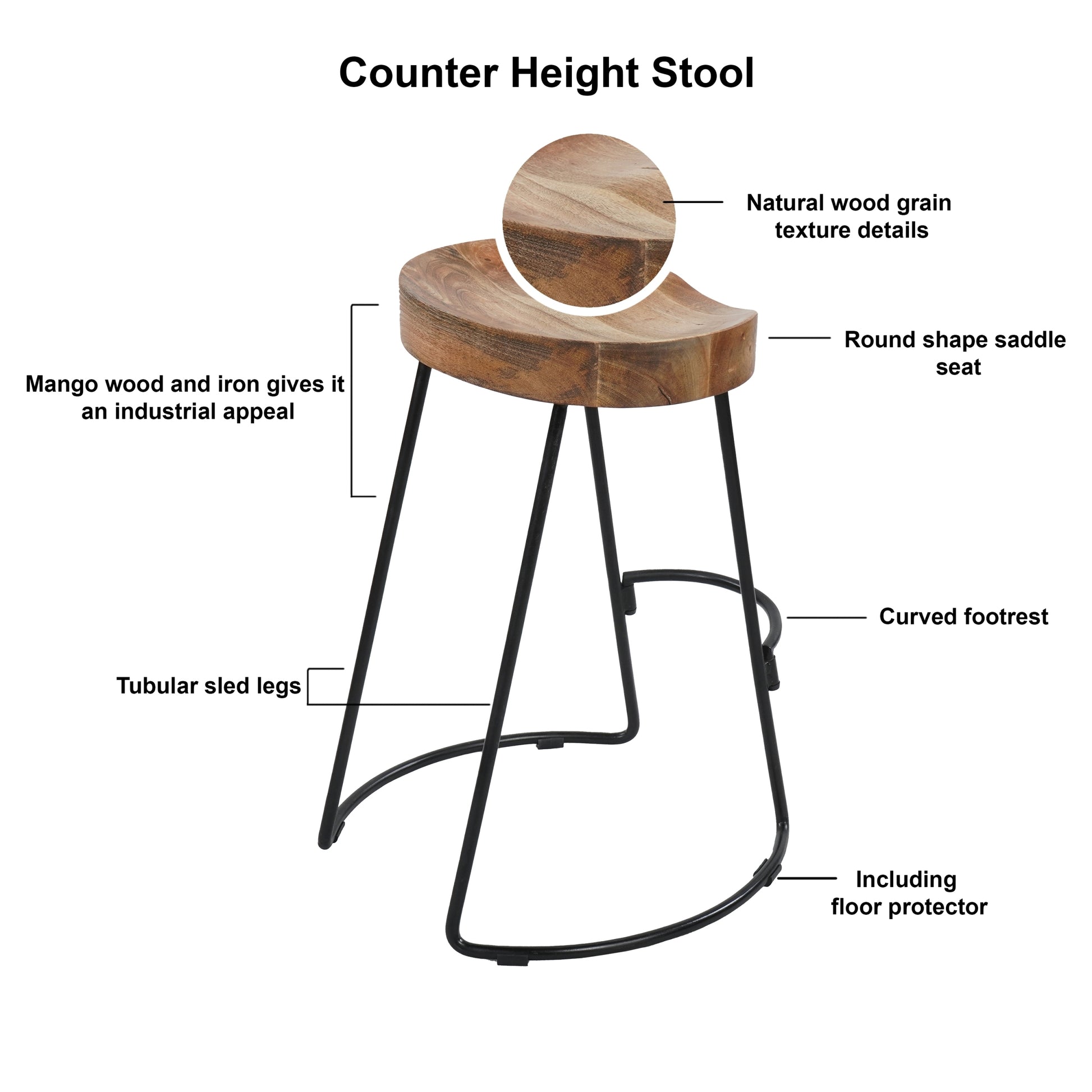 Ela 24 Inch Counter Height Stool, Mango Wood Saddle Seat, Iron Frame, Brown And Black Black Brown Metal & Wood