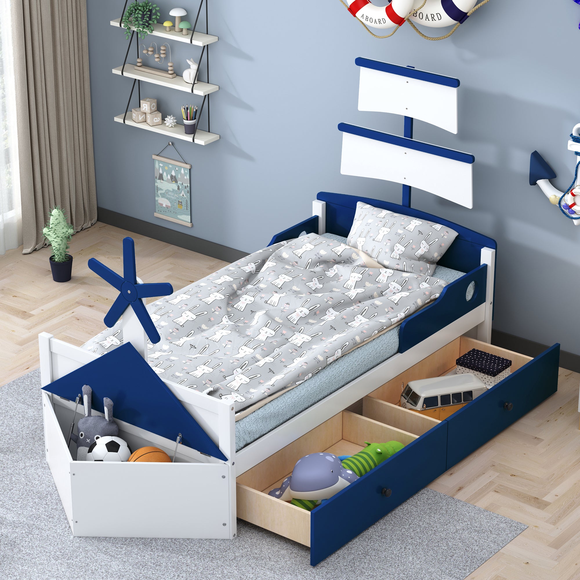 Twin Size Boat Shaped Platform Bed With 2 Drawers ,Twin Bed With Storage For Bedroom,Blue Blue Wood