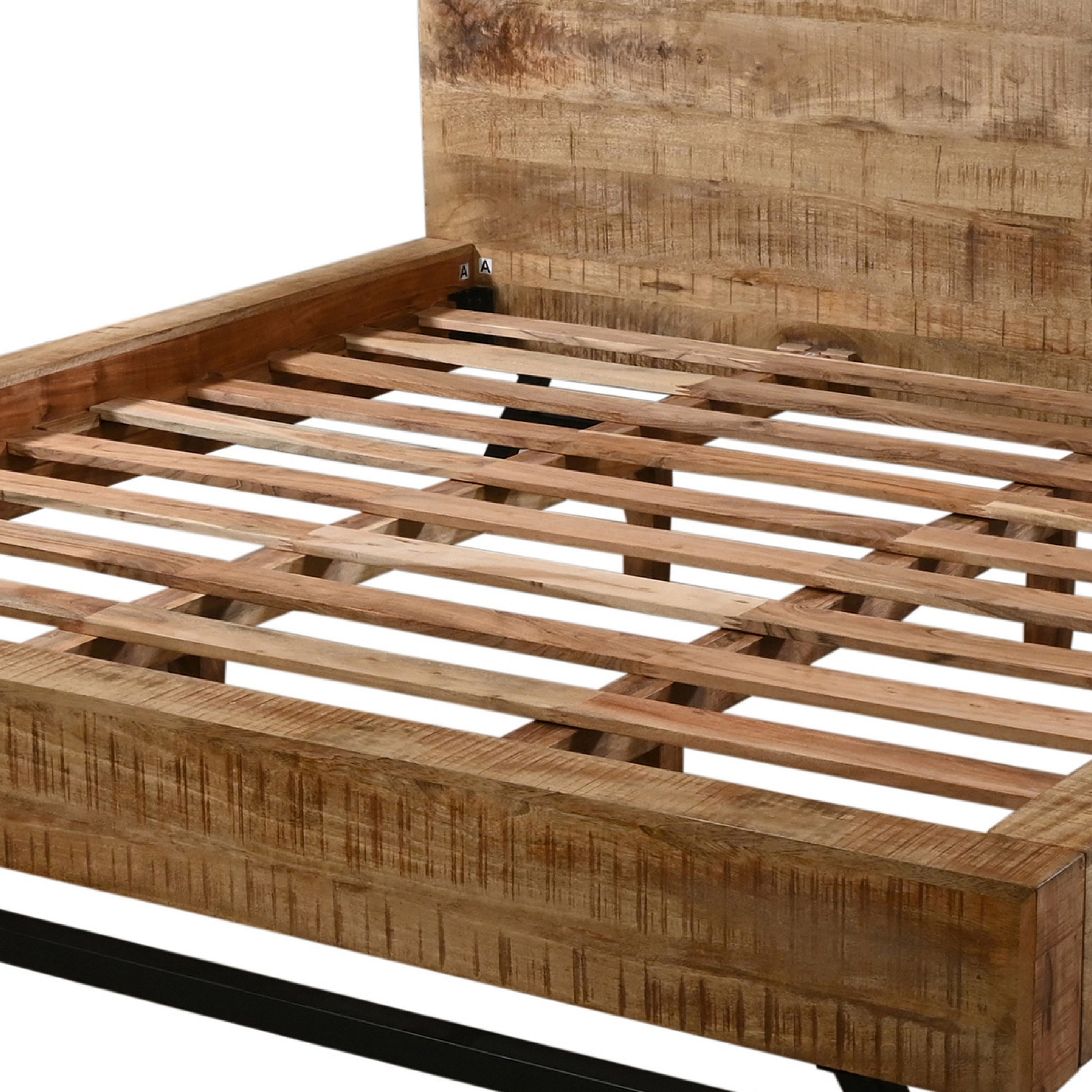 Bree Modern Rustic Queen Size Platform Bed, Brown Acacia & Mango Wood Frame, Black Iron Angled Legs Brown Metal & Wood