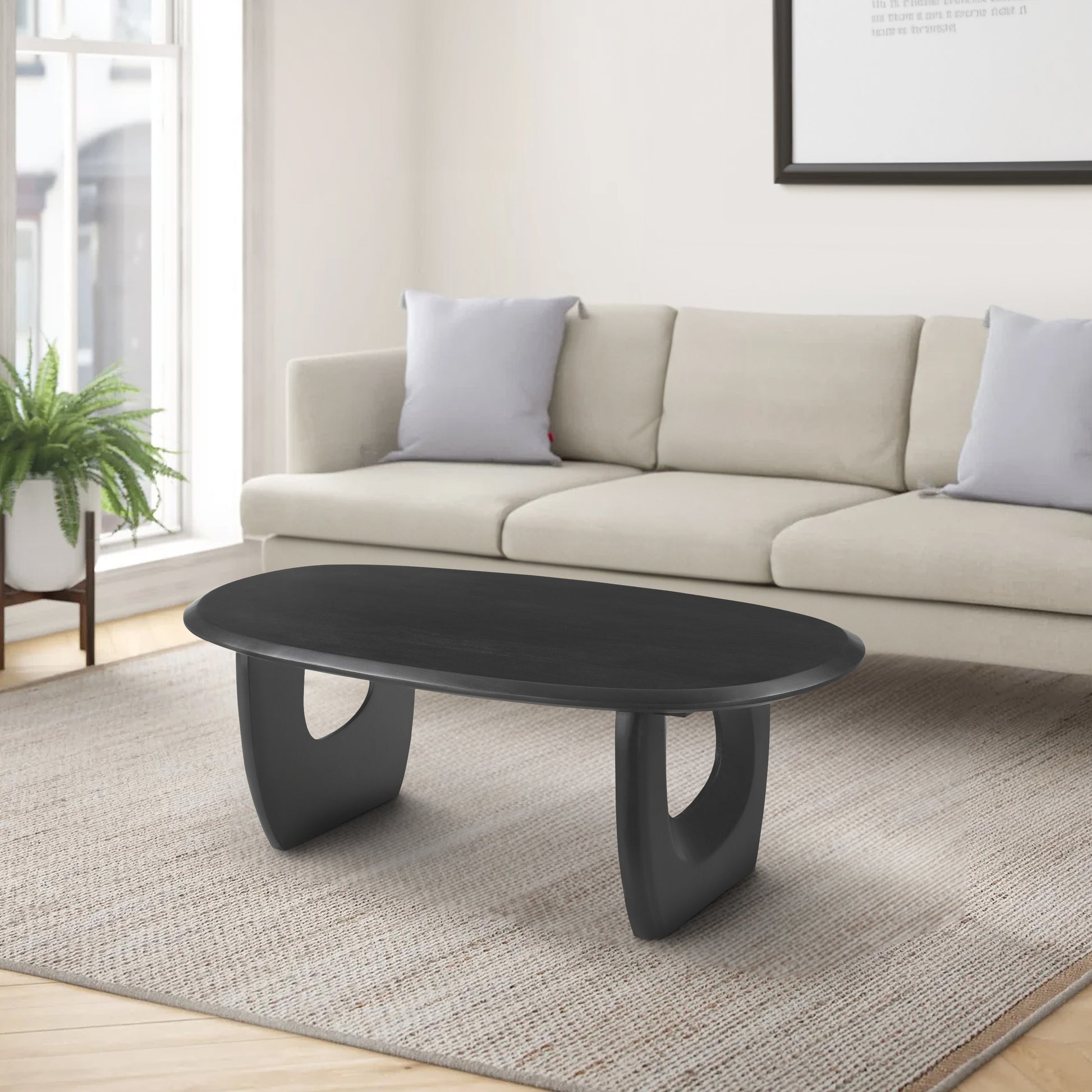 43 Inch Coffee Table, Handcrafted Acacia Wood, Cut Out Rounded Panel Legs, Black Black Acacia Wood