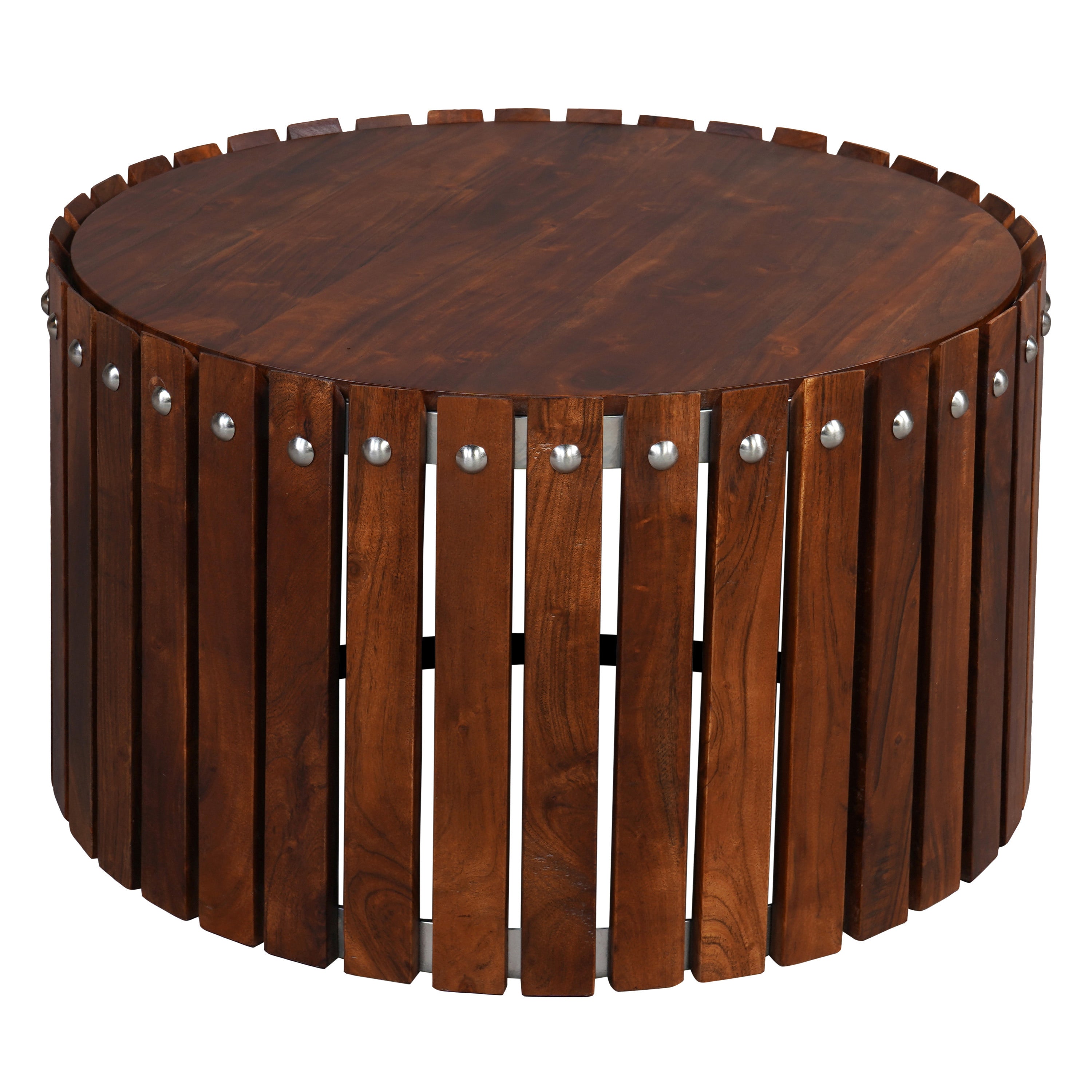 Myla 31 Inch Handcrafted Round Coffee Table With Vertical Planks, Iron