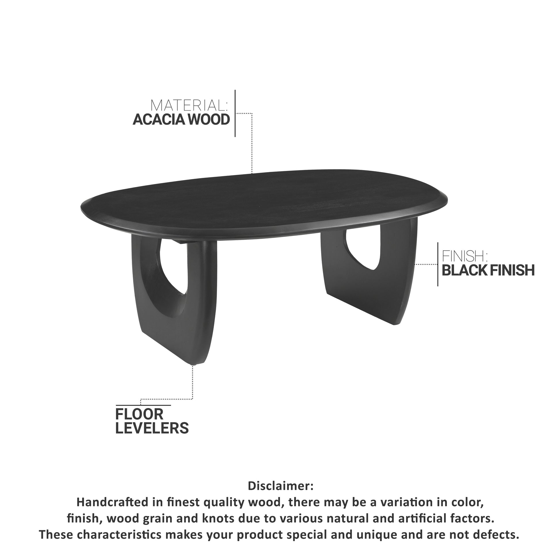 43 Inch Coffee Table, Handcrafted Acacia Wood, Cut Out Rounded Panel Legs, Black Black Acacia Wood