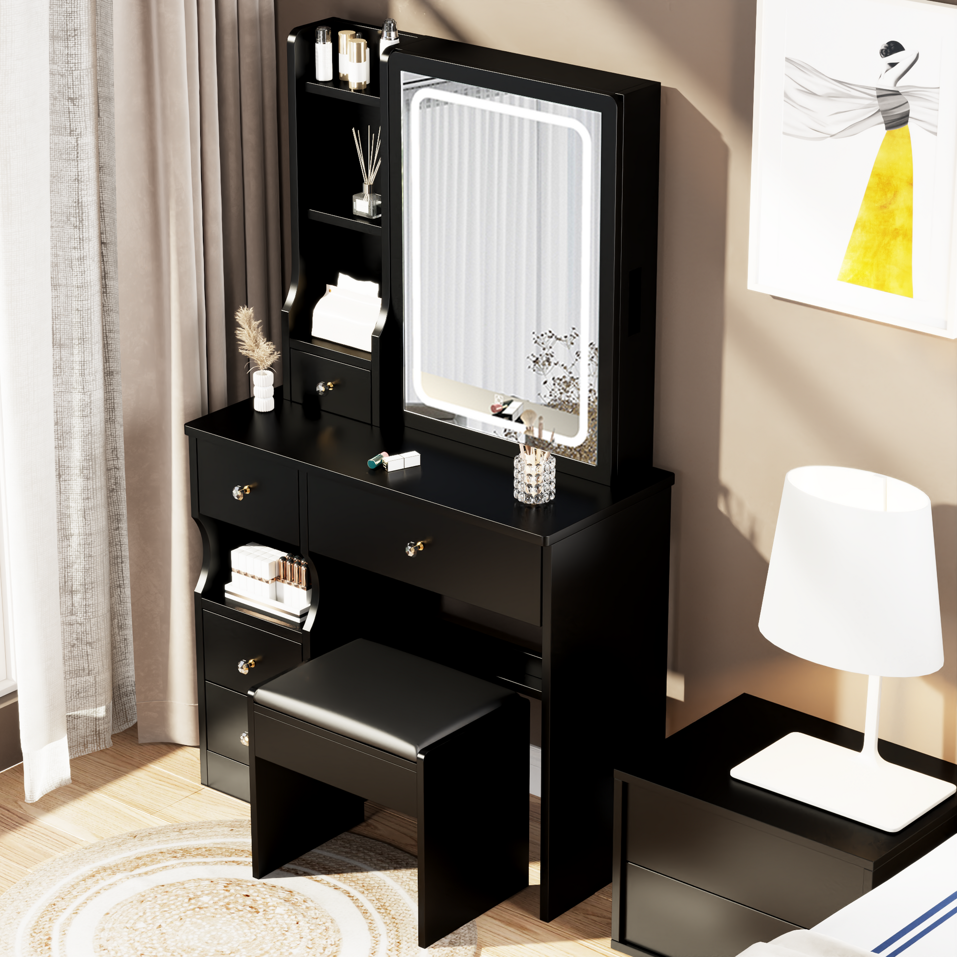 Small Space Left Drawer Desktop Vanity Table Cushioned Stool, Extra La Small Space Left Drawer Desktop Vanity Table Cushioned Stool, Extra La