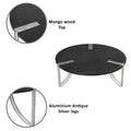 35 Inch Round Coffee Table, Sandblasted Matte Black Mango Wood Top, Curved Aluminium Legs, Antique Silver Antique Silver Metal & Wood