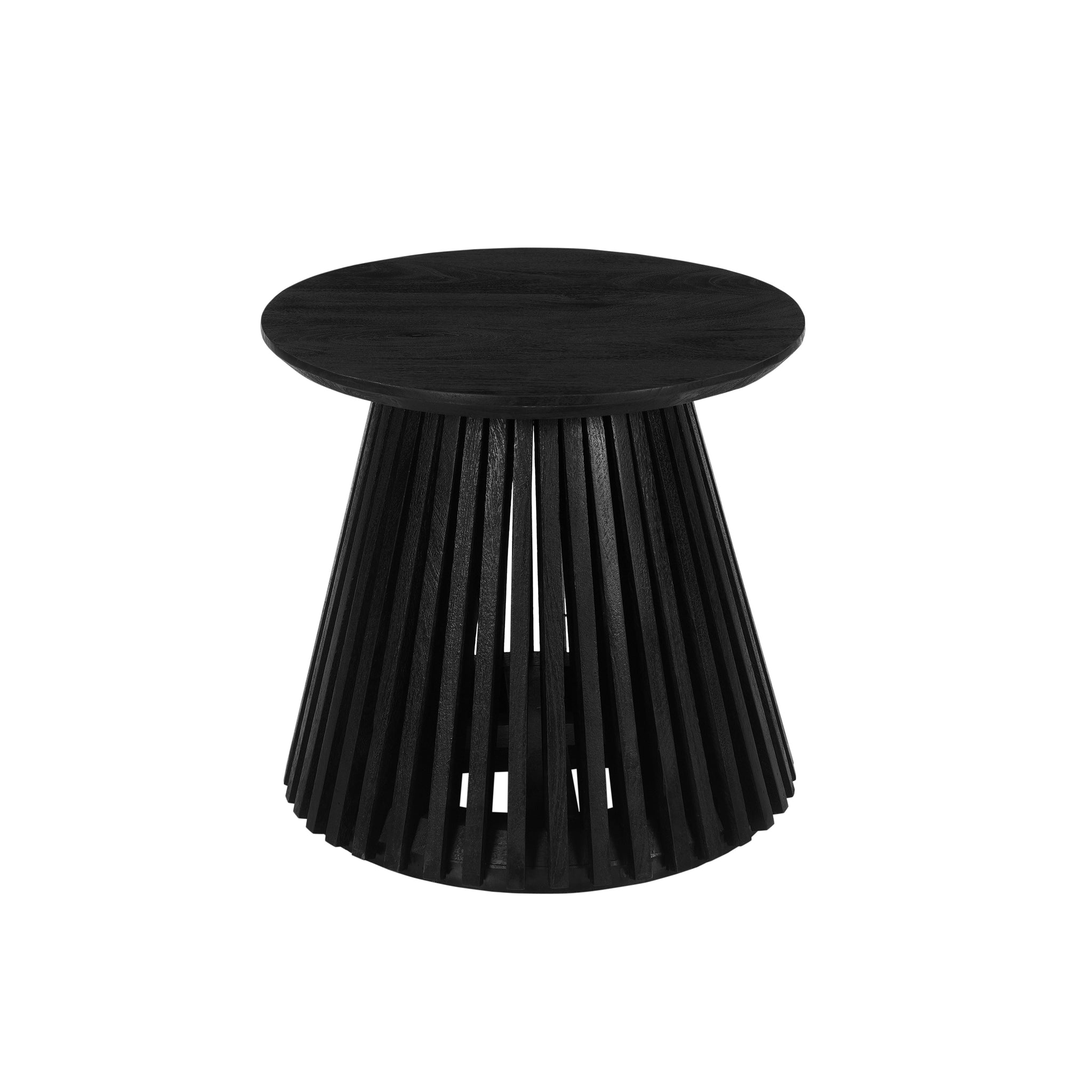 Ridge 20 Inch Handcrafted Mango Wood Round End Side Table, Slatted Flared Base, Black Black Solid Wood