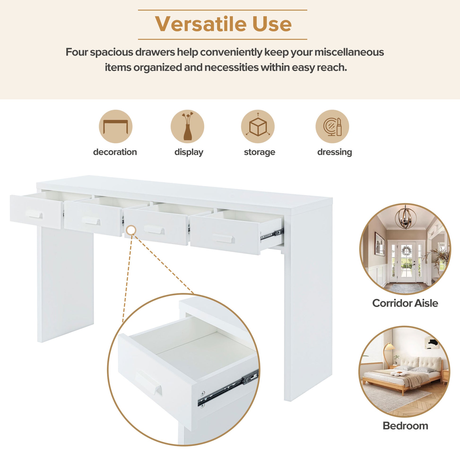 Modern Minimalist Console Table With Open Tabletop And Four Drawers With Metal Handles For Entry Way, Living Room And Dining Room White White Mdf