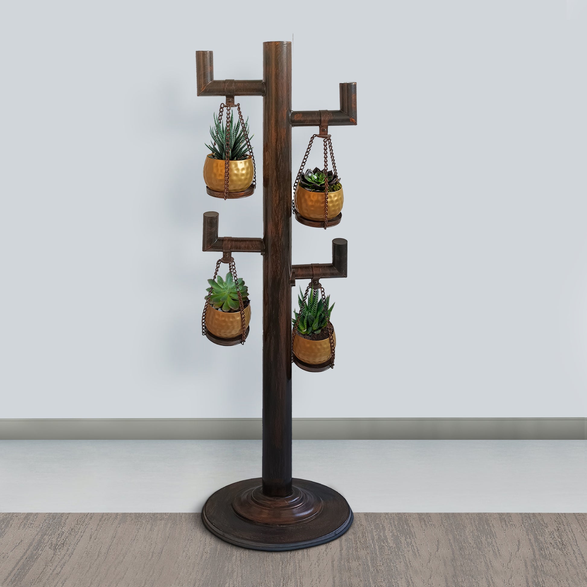 52 Inch Tall Plant Stand With 4 Hanging Pots, Antique Bronze, Gold, Black Antique Brass Black Iron