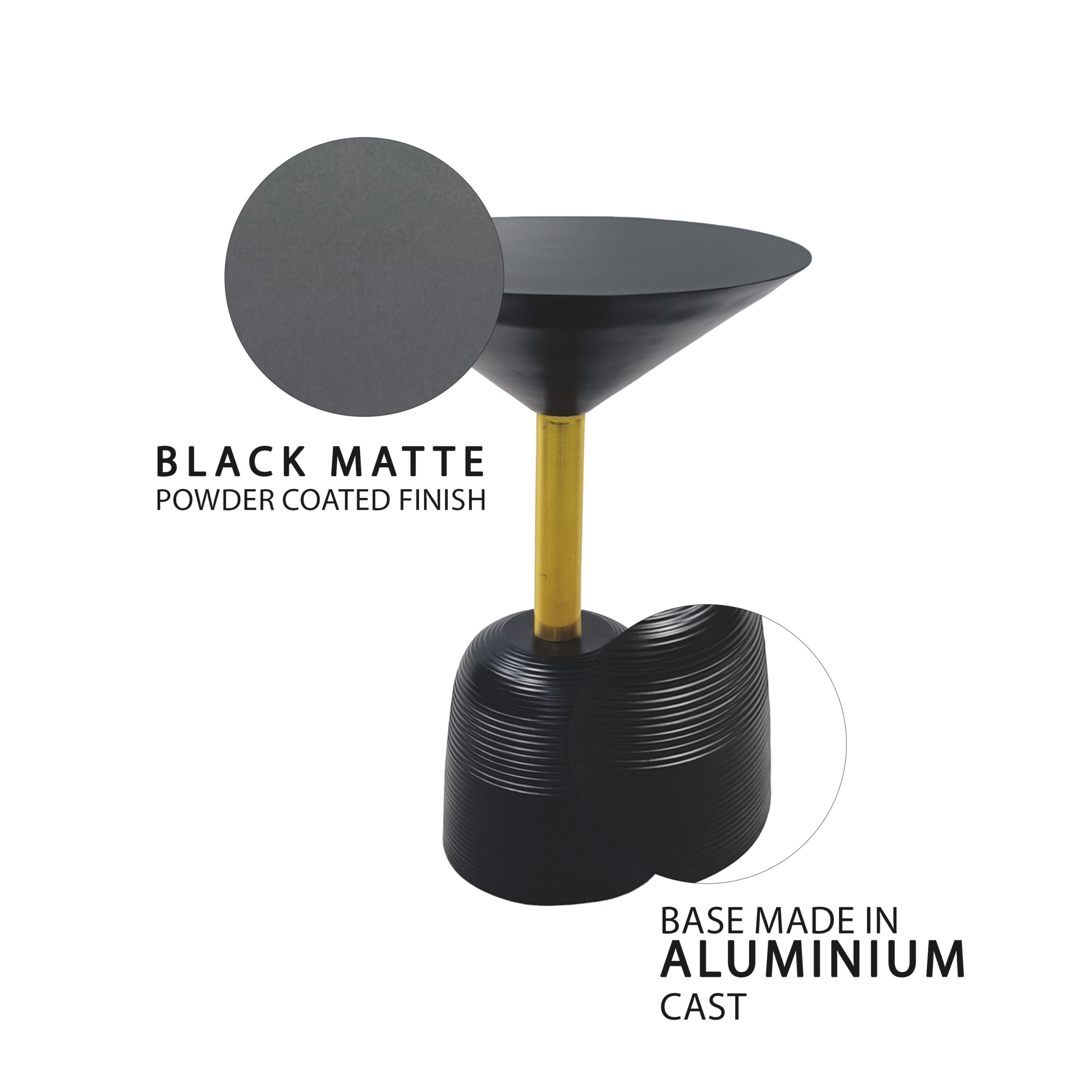 12 Inch Round Cocktail Side End Table, Aluminum Cast Top And Dome Base, Black, Brass Antique Brass Black Aluminum