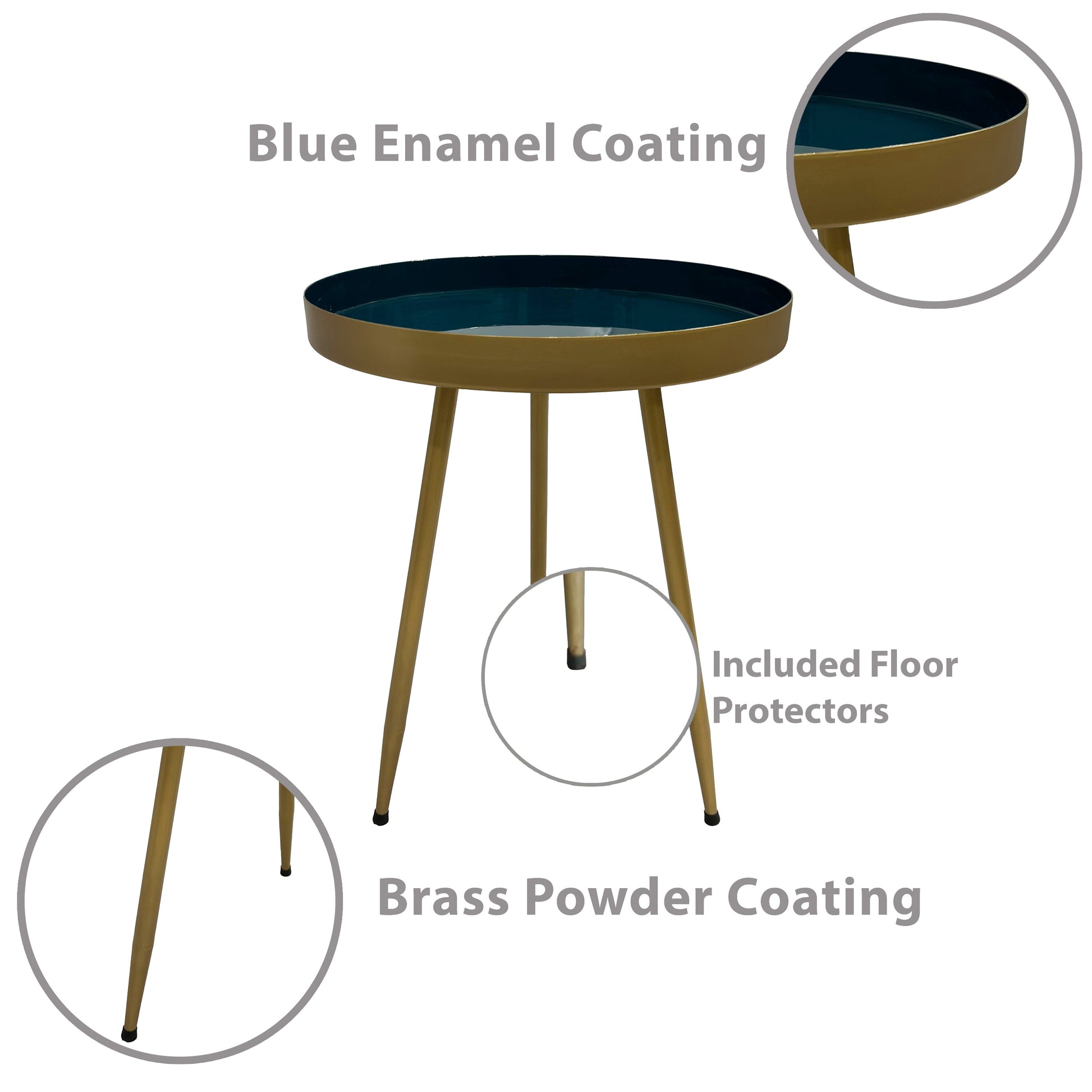 Enid 19 Inch Side End Table, Iron Brass Plating, Enamel Blue Top, Modern Sleek Angled Legs Blue Iron