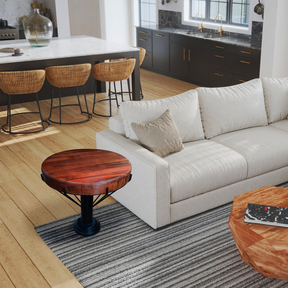 26 Inch Handcrafted Round Side End Table, Thick Mango Wood Top, Black Iron Pedestal Base Black Brown Metal & Wood