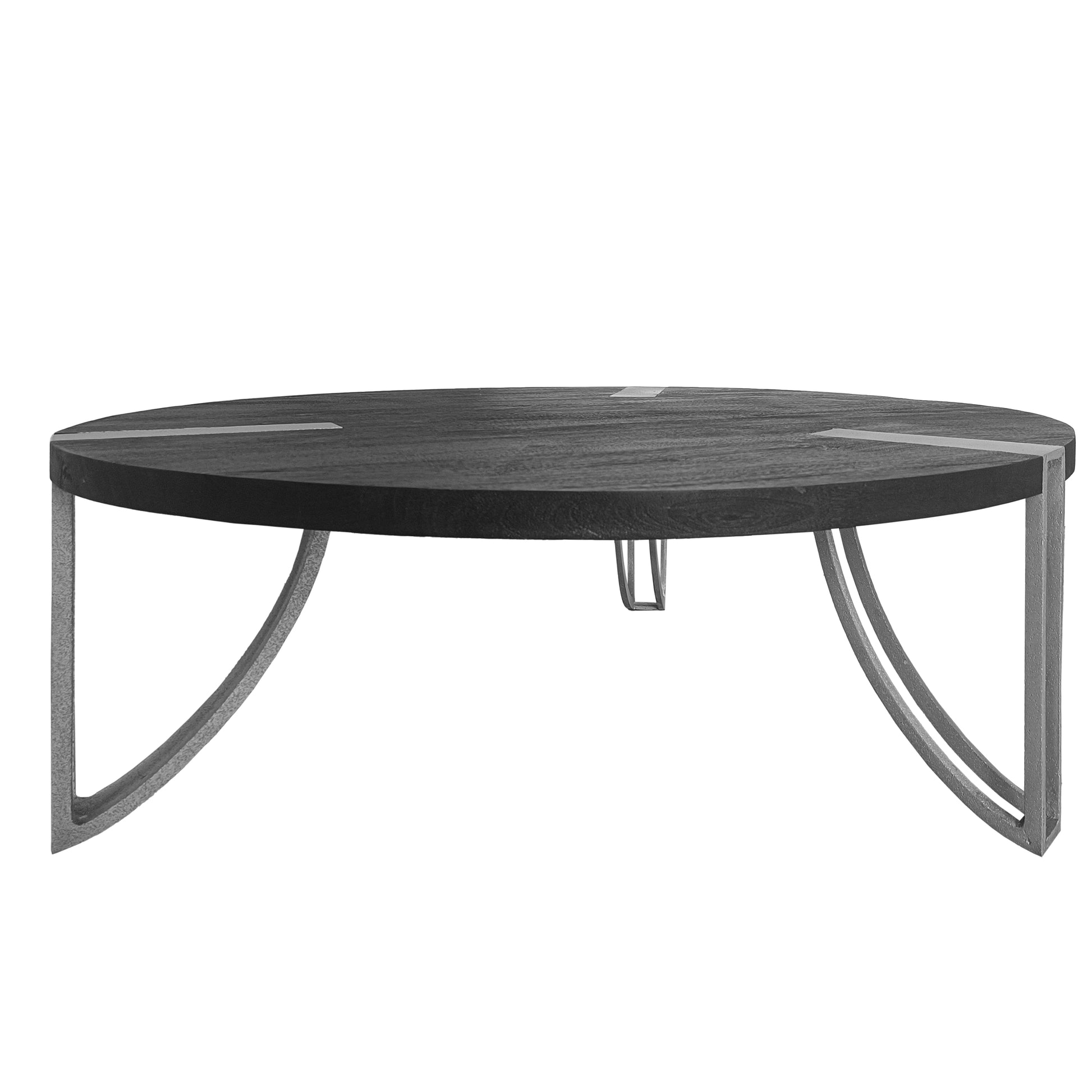 35 Inch Round Coffee Table, Sandblasted Matte Black Mango Wood Top, Curved Aluminium Legs, Antique Silver Antique Silver Metal & Wood