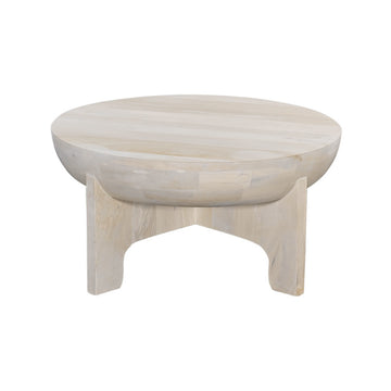 Tomas 32 Inch Coffee Table, Mango Wood Drum Top, Classic Washed White White Solid Wood