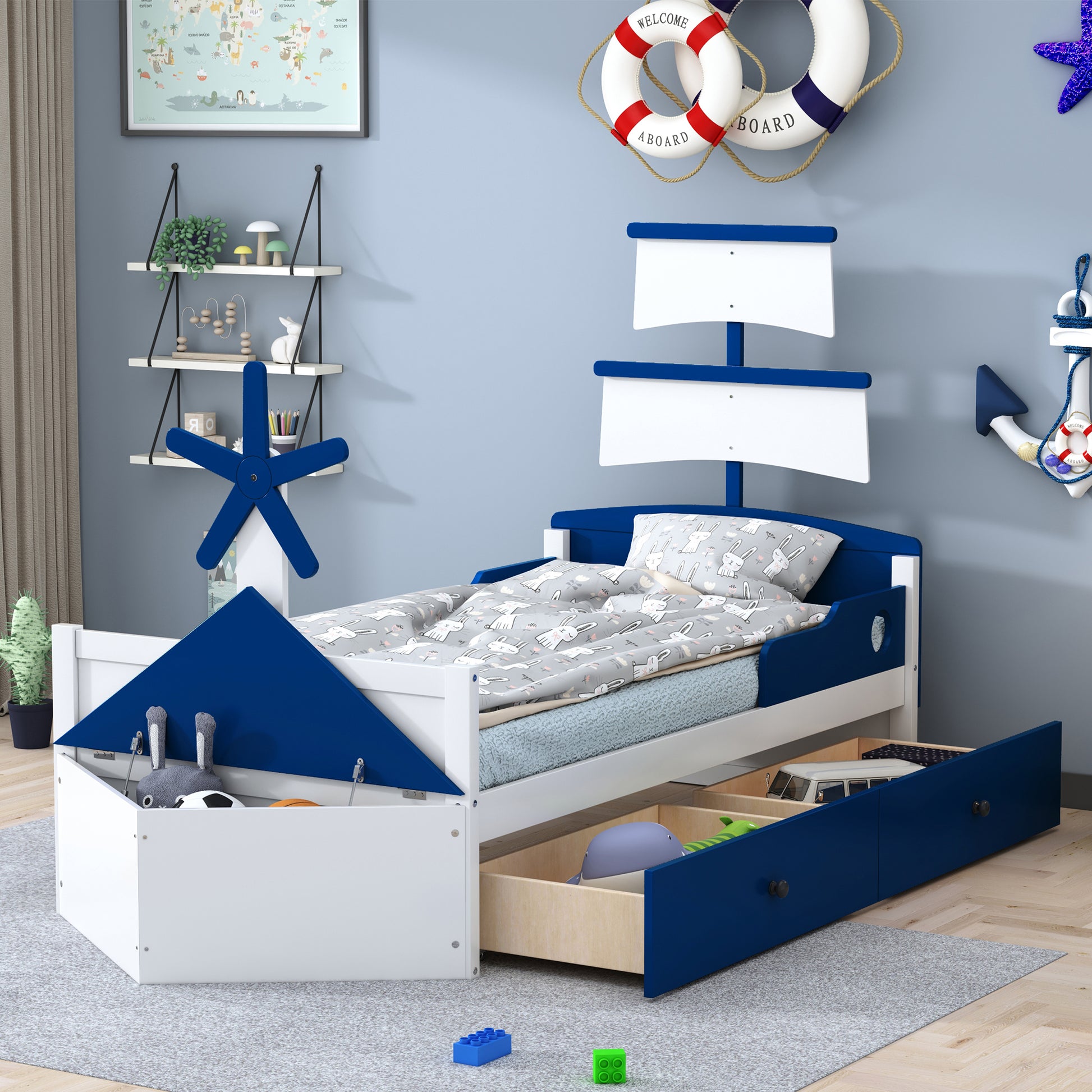 Twin Size Boat Shaped Platform Bed With 2 Drawers ,Twin Bed With Storage For Bedroom,Blue Blue Wood