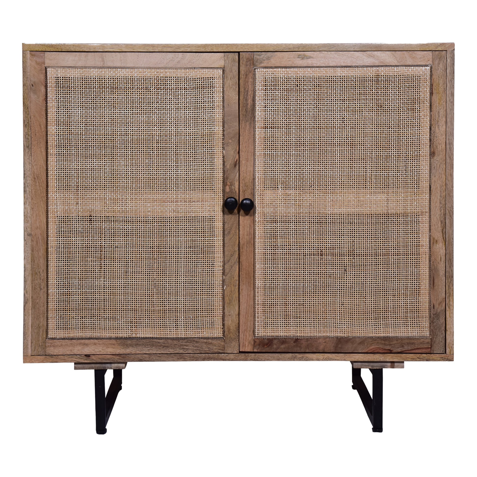 35 Inch Handcrafted Accent Cabinet With 2 Mesh Rattan Doors, Black Iron Legs, Natural Brown Mango Wood Frame Black Brown Wood Rattan