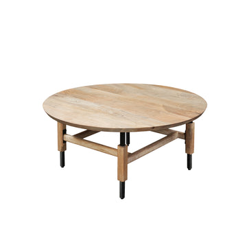 34 Inch Round Coffee Table, Handcrafted Natural Brown Mango Wood With Black Iron Legs Black Brown Metal & Wood