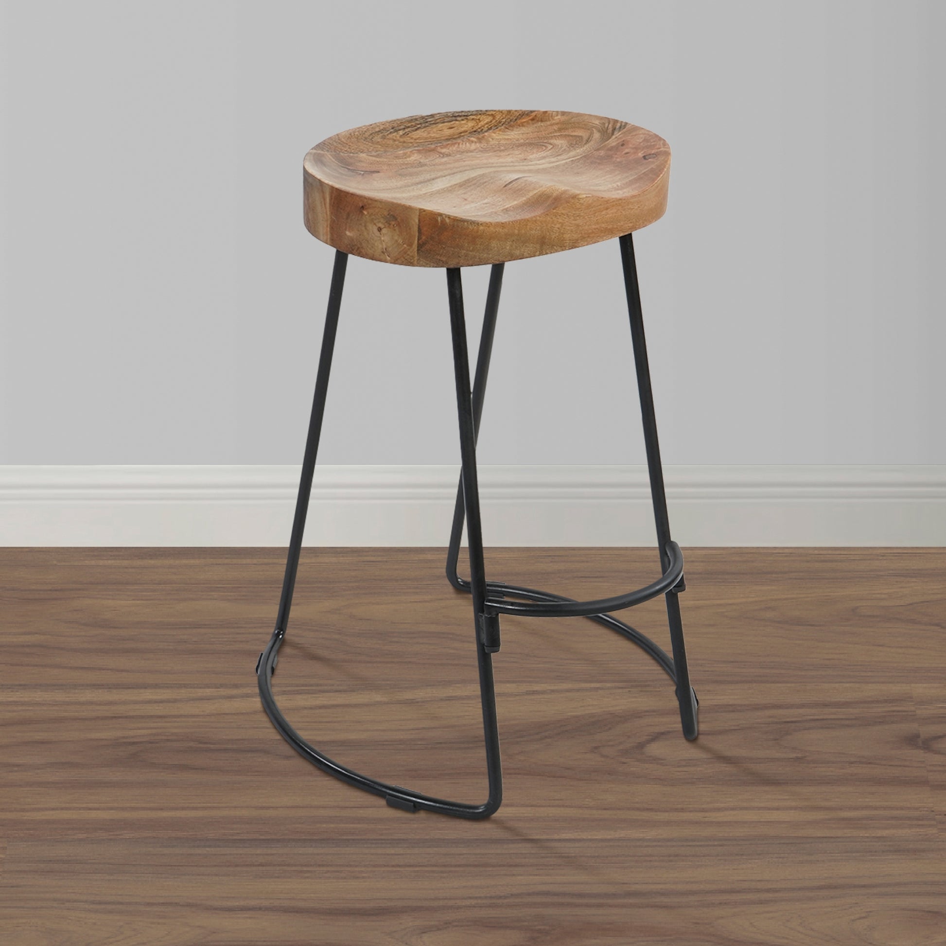 Ela 24 Inch Counter Height Stool, Mango Wood Saddle Seat, Iron Frame, Brown And Black Black Brown Metal & Wood