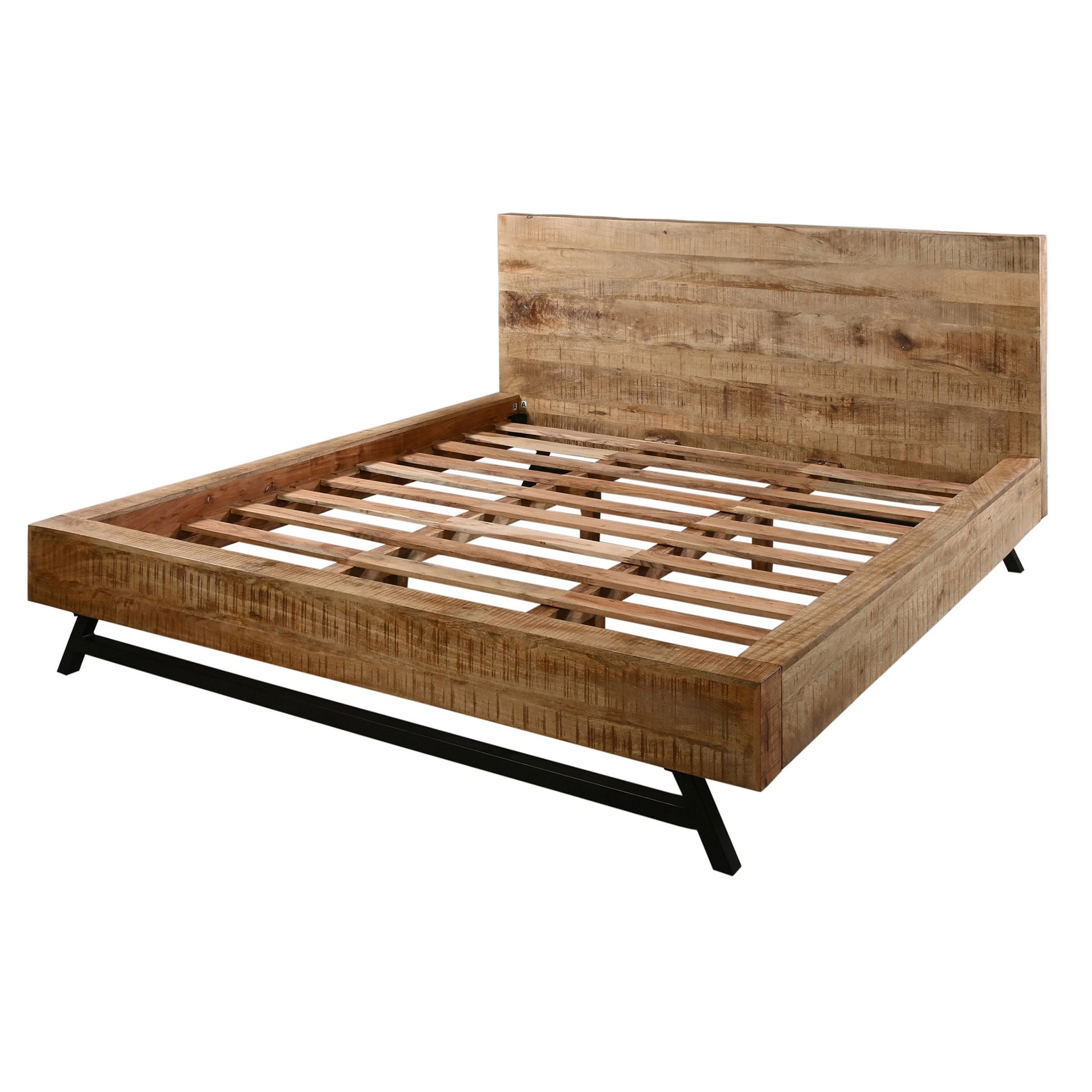 Bree Modern Rustic Queen Size Platform Bed, Brown Acacia & Mango Wood Frame, Black Iron Angled Legs Brown Metal & Wood