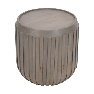 Alisha 25 Inch Side End Table, Handcrafted Mango Wood Drum Shape With Ribbed Edges, Gray Gray Solid Wood