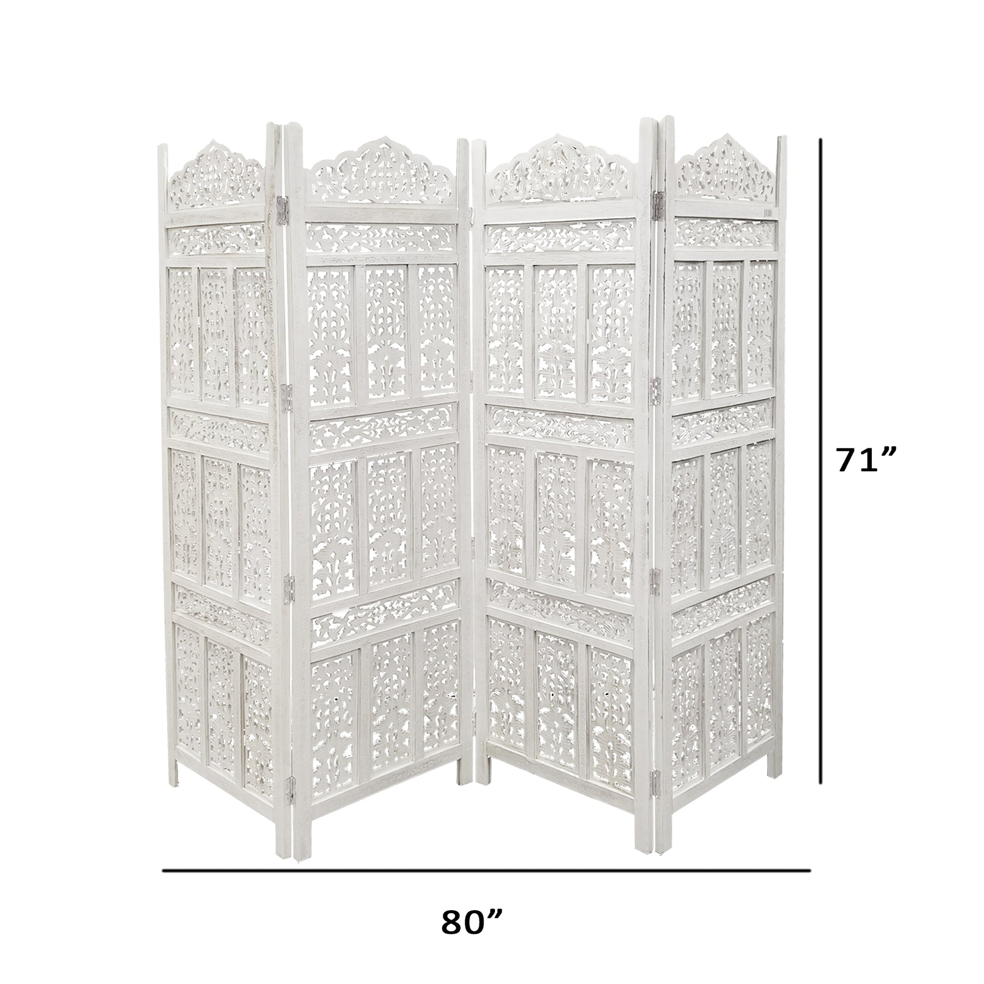 Aesthetiy Carved 4 Panel Wooden Partition Screen Room Divider, Distressed White White Wood