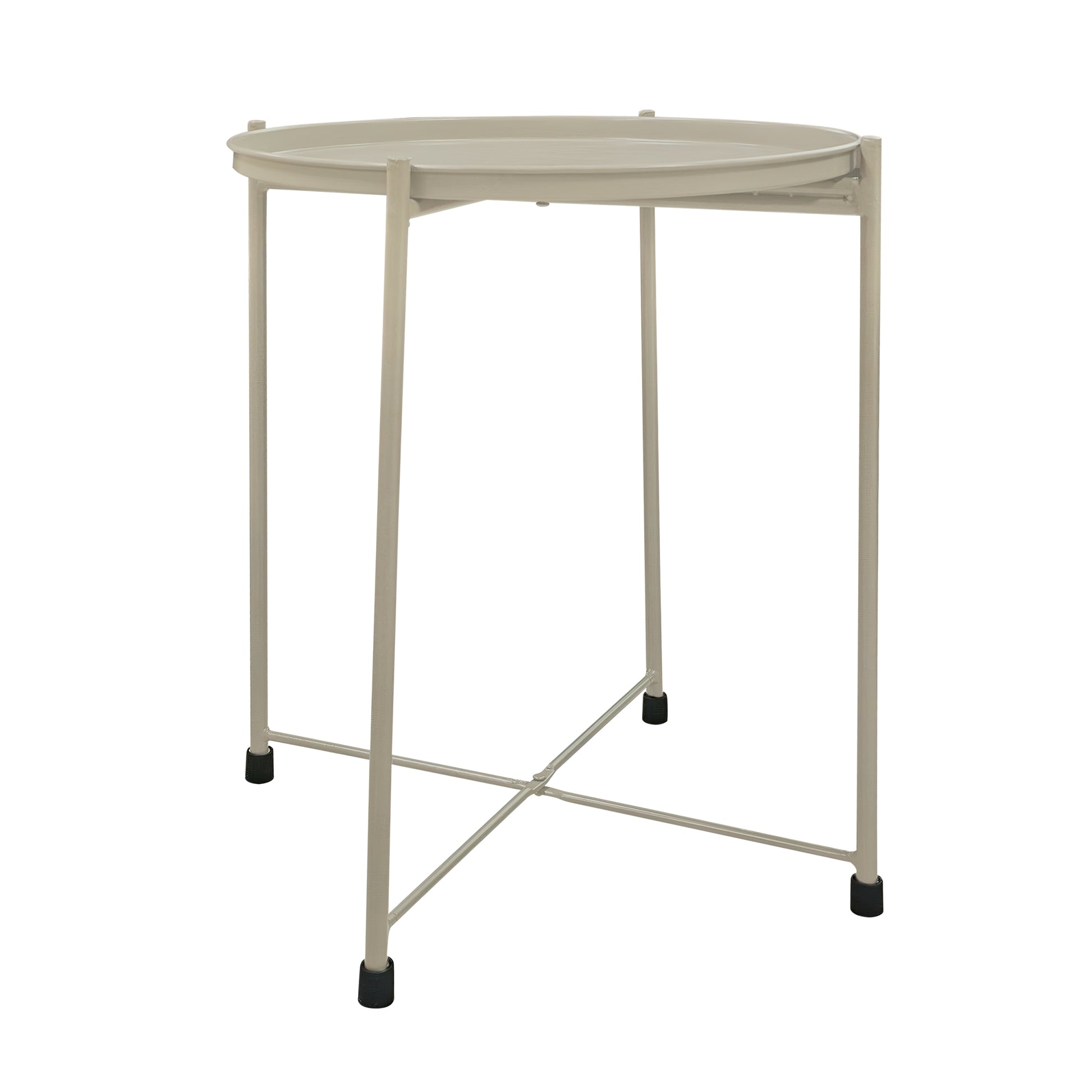 18 Inch Modern Side End Table, Round Metal Tray Top, Foldable Legs, Beige Beige Iron