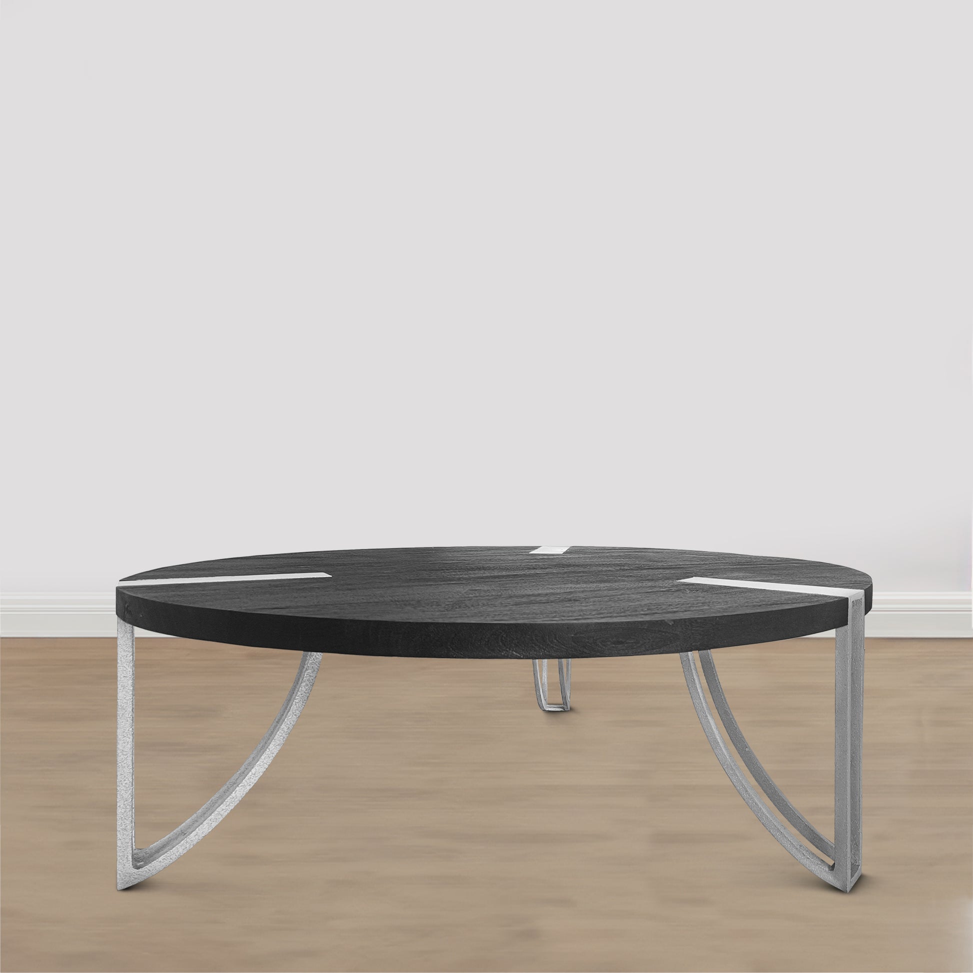 35 Inch Round Coffee Table, Sandblasted Matte Black Mango Wood Top, Curved Aluminium Legs, Antique Silver Antique Silver Metal & Wood