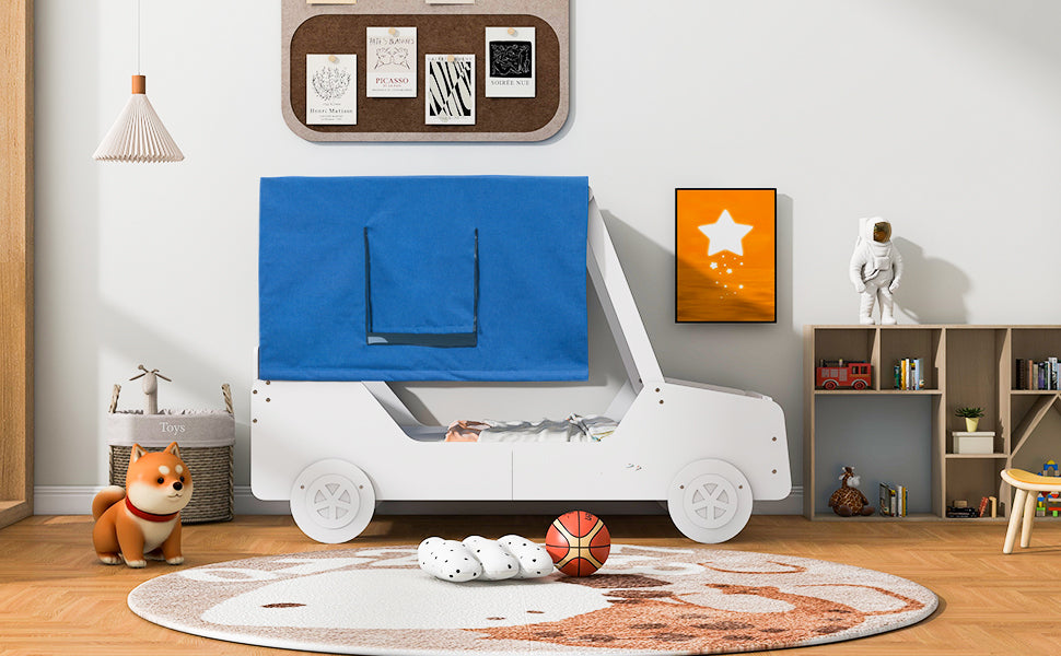 Twin Size Car Shaped Bed With Tents,White White Plywood