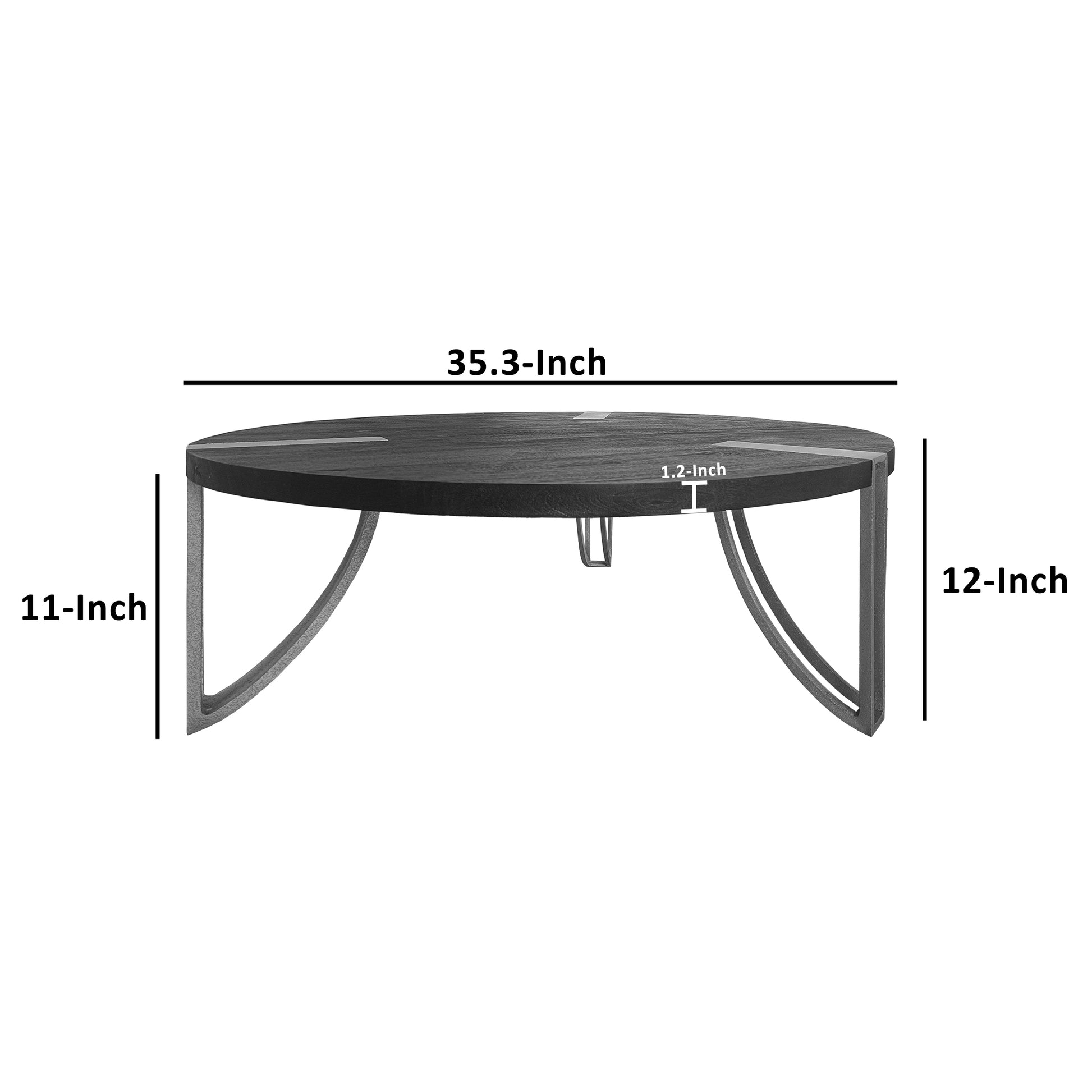 35 Inch Round Coffee Table, Sandblasted Matte Black Mango Wood Top, Curved Aluminium Legs, Antique Silver Antique Silver Metal & Wood