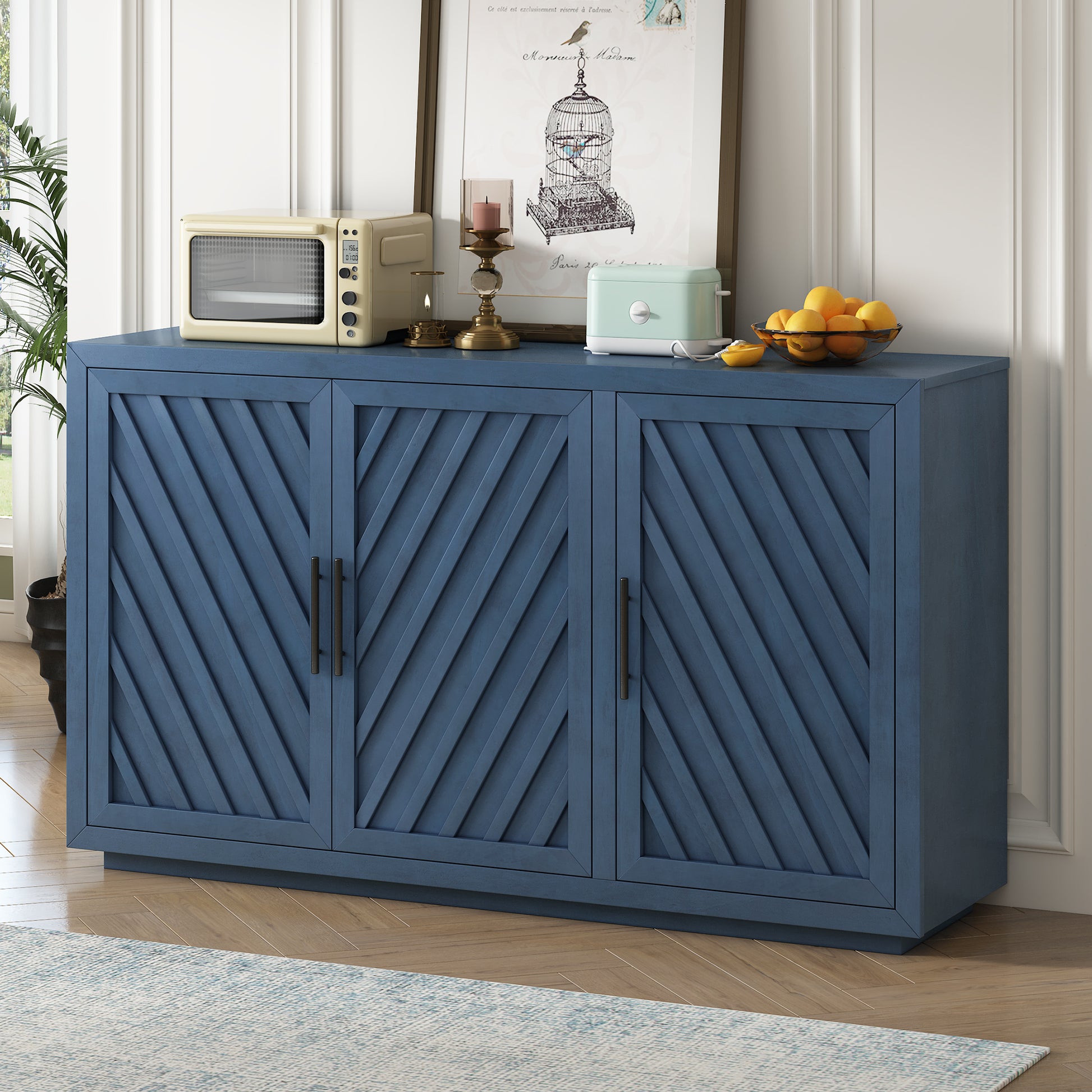 3 Door Large Storage Retro Sideboard with antique blue-solid wood+mdf