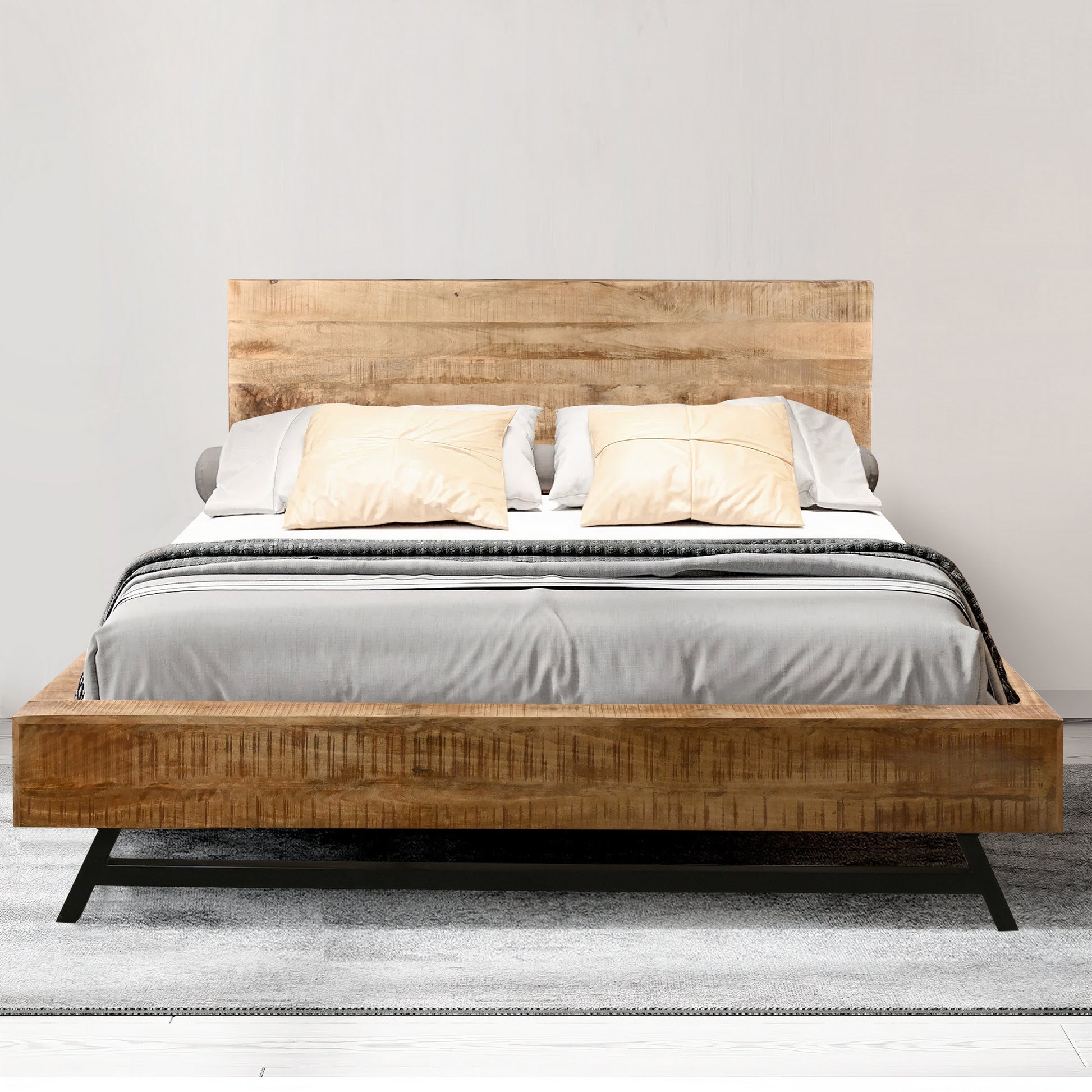 Bree Modern Rustic Queen Size Platform Bed, Brown Acacia & Mango Wood Frame, Black Iron Angled Legs Brown Metal & Wood