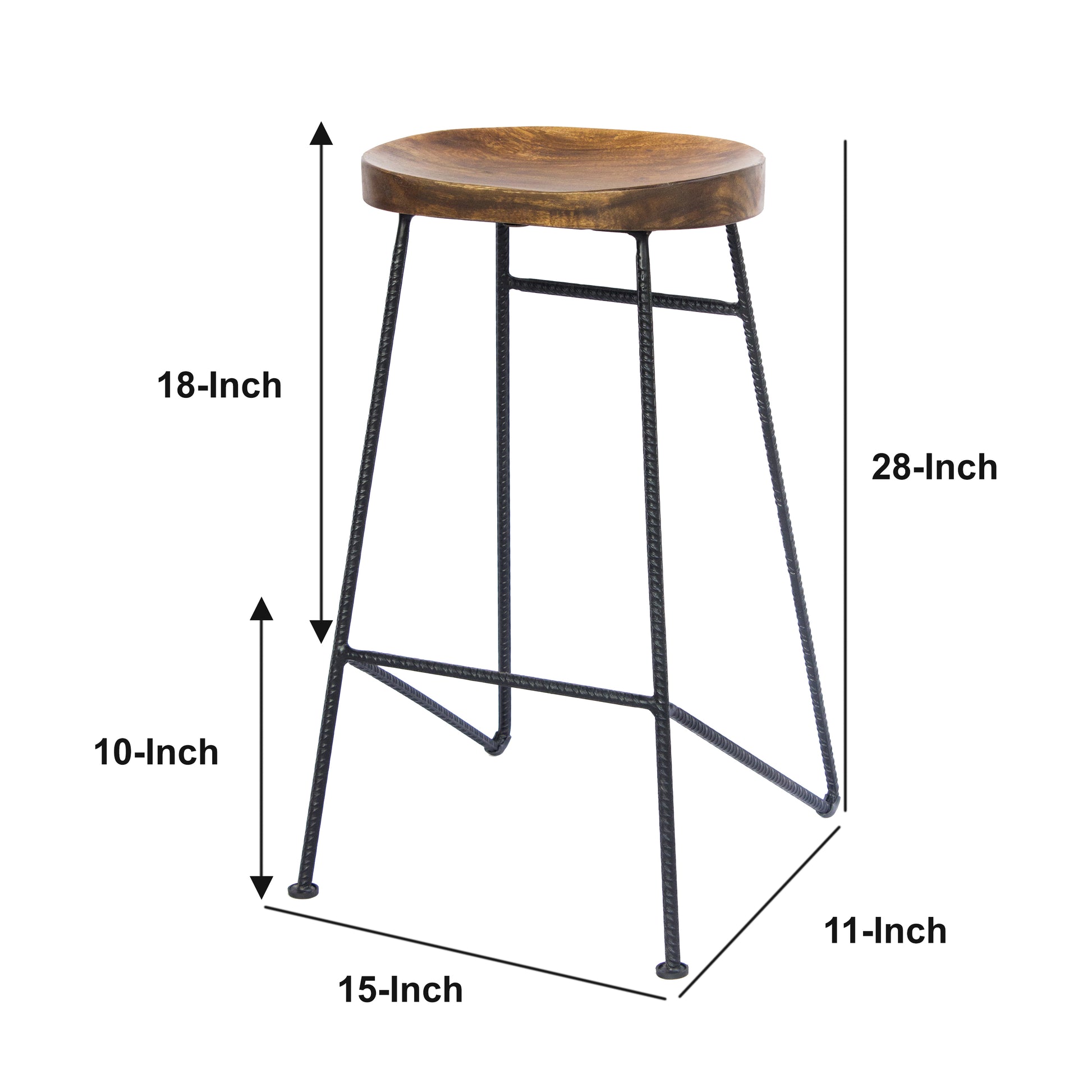 28 Inch Bar Stool With Mango Wood Saddle Seat, Iron Rod Legs, Brown And Black Black Brown Metal & Wood